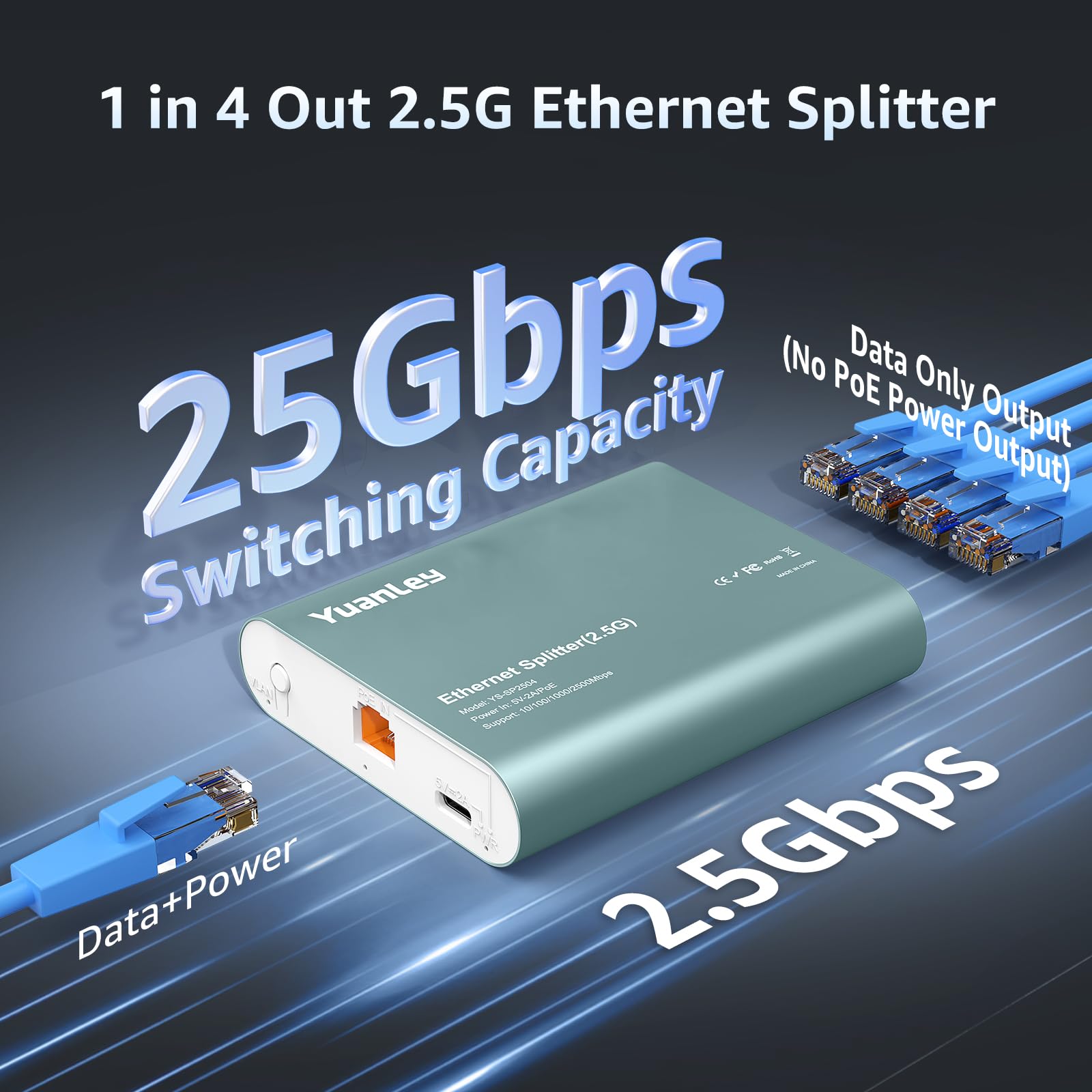 Splitter Ethernet 2.5G 1 à 4 avec Entrée PoE, Splitter Internet RJ45 Haut Débit 2.5G avec Boîtier en Aluminium, Isolation de Port VLAN, Alimenté par PoE/USB-C, Câble USB-C Inclus, Plug and Play