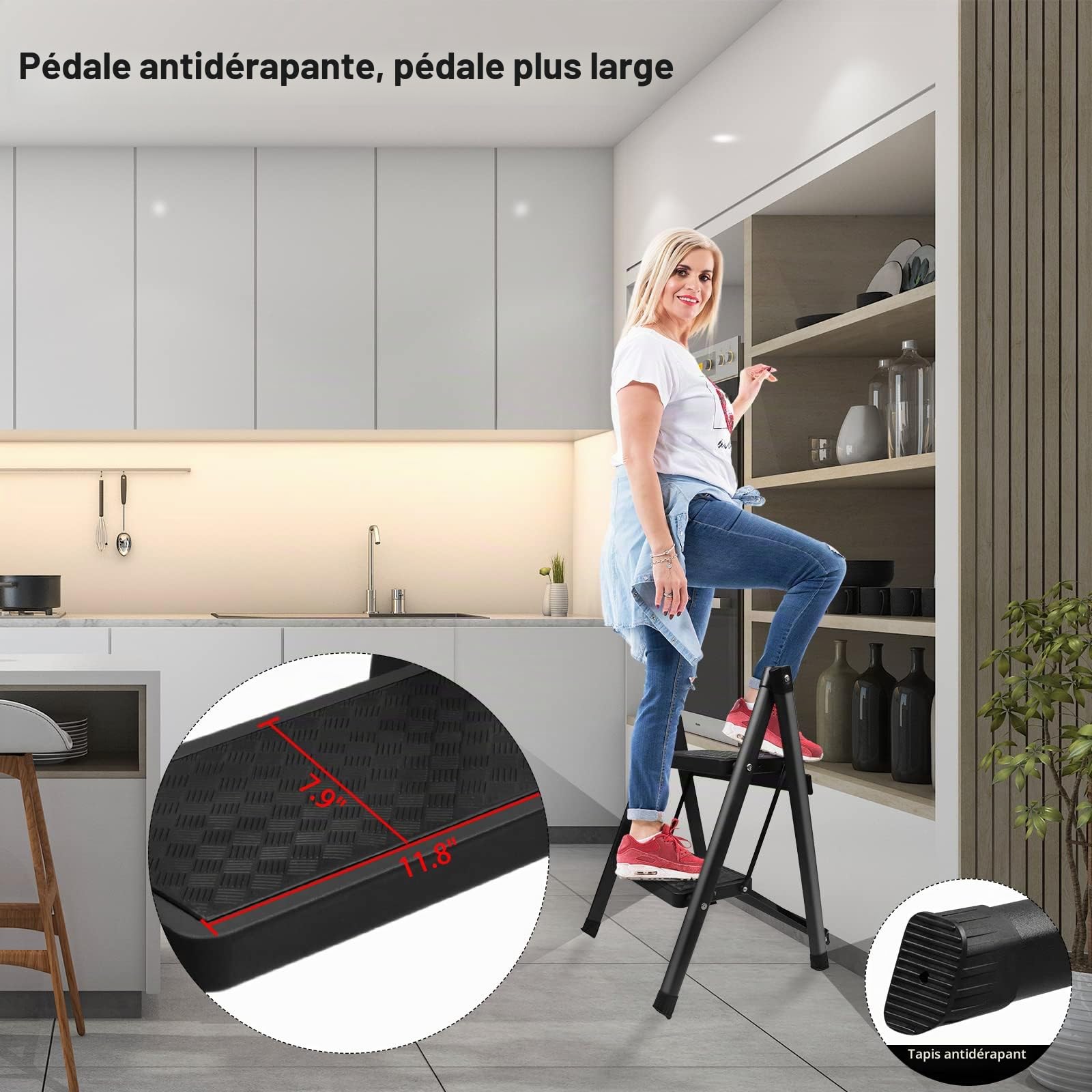 Escabeau 2 Marches Pliable, Échelle Domestique en Acier Marchepieds Pliant Portable, Largeur de Marche 20 cm Antidérapant, Charge Max 250 kg, pour Maison, Cuisine, Bureau, Bibliothèque, Noir