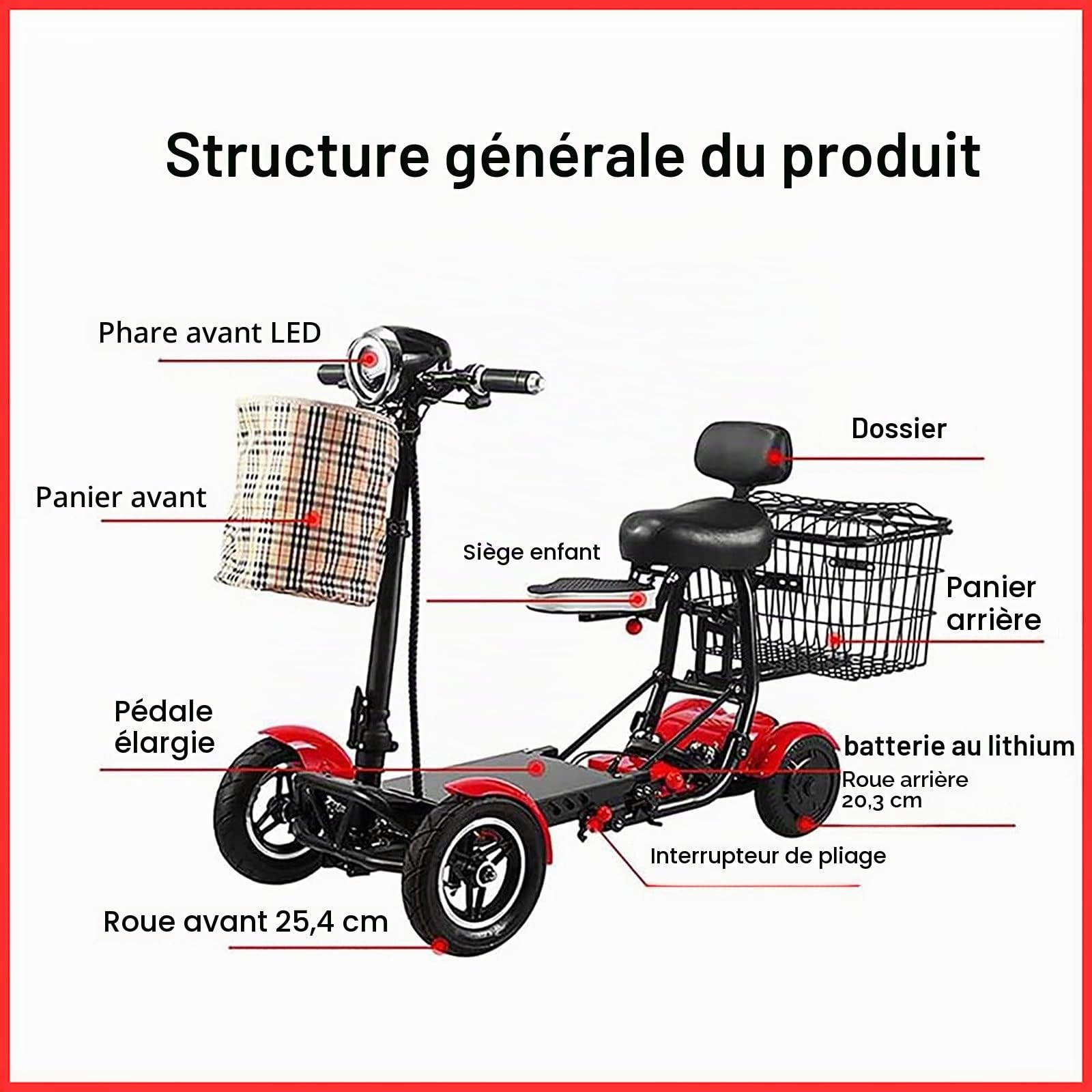 Trottinette LMBXAIP pour personnes âgées, 4 roues pliable, noir, 22 kg, 120 kg max, 20 km d'autonomie, freins à disque, aluminium, style léger, sport