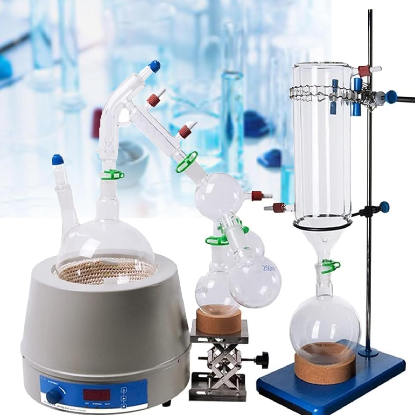 2L Kit per Distillazione a Percorso Breve per Estrazione Oli Essenziali, Testa di Distillazione in Vetro da Laboratorio a Condensatore Corto, Setup Laboratorio