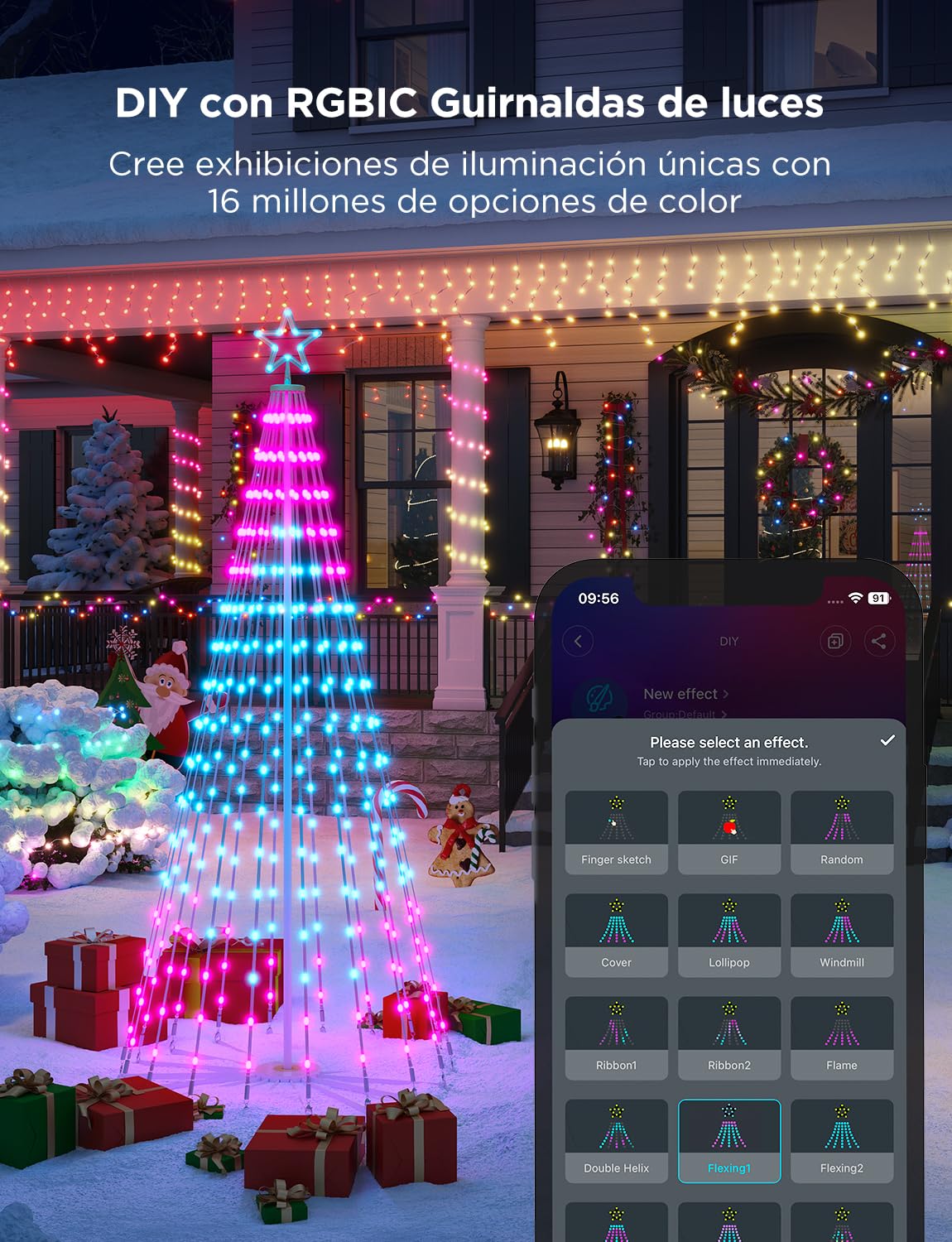 Govee Christmas Cone Tree Lights,1,82m 316 LED RGBIC, Negro | Control APP Inteligente, 82+ Modos de Escena, IP67 Resistente, Decoración Halloween y Navidad, Modo Música