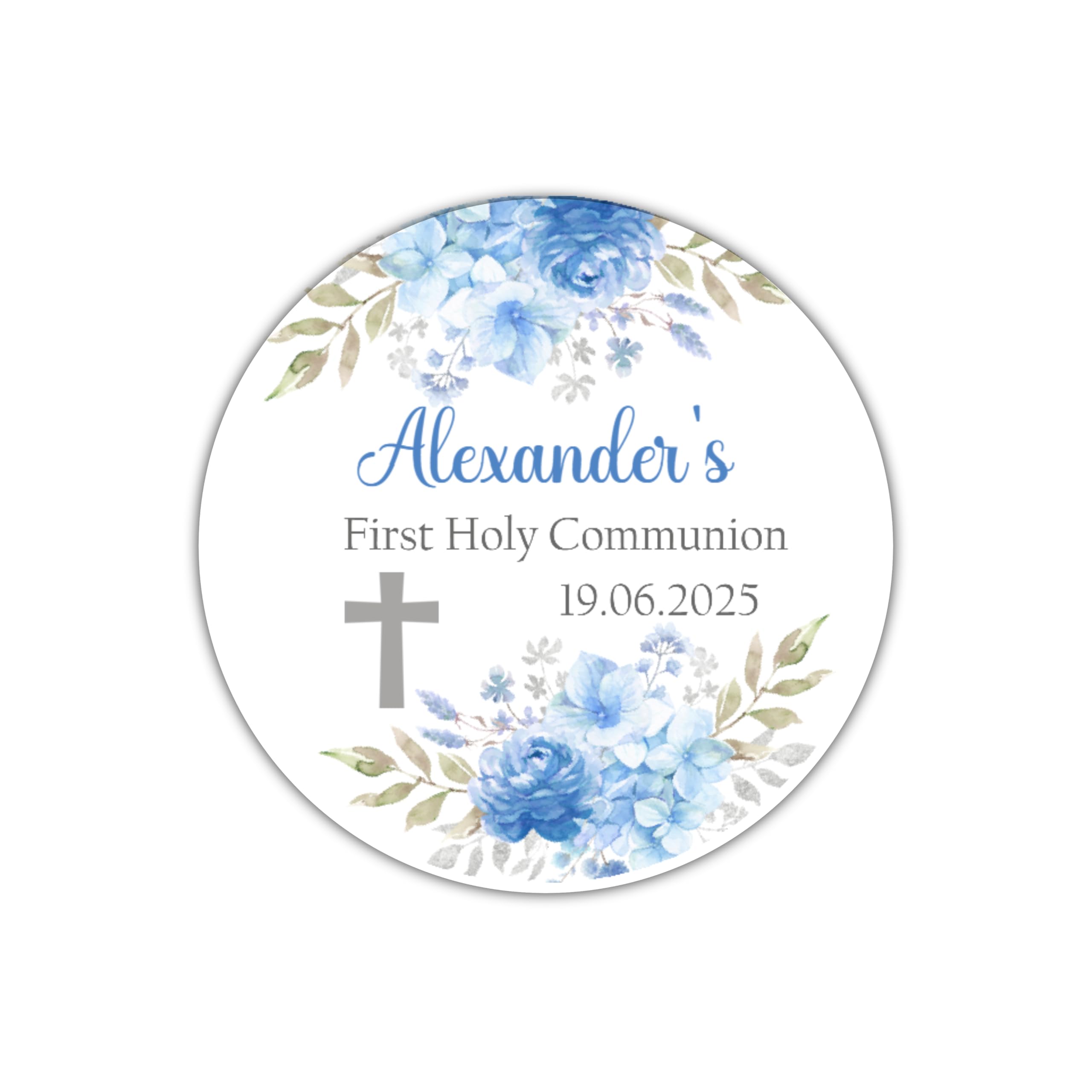 Five Star Party Supplies White First Holy Communion Stickers, Confirmation Stickers, Communion Party Favours,Floral Blue Design Personalised Sticker