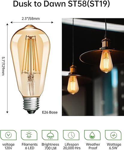 Miniatura 5 de Qualilux Bombillas Edison ST58 (ST19) del atardecer al amanecer, vidrio ámbar vintage, luz cálida, equivalente a 60 W, bombilla de filamento LED con