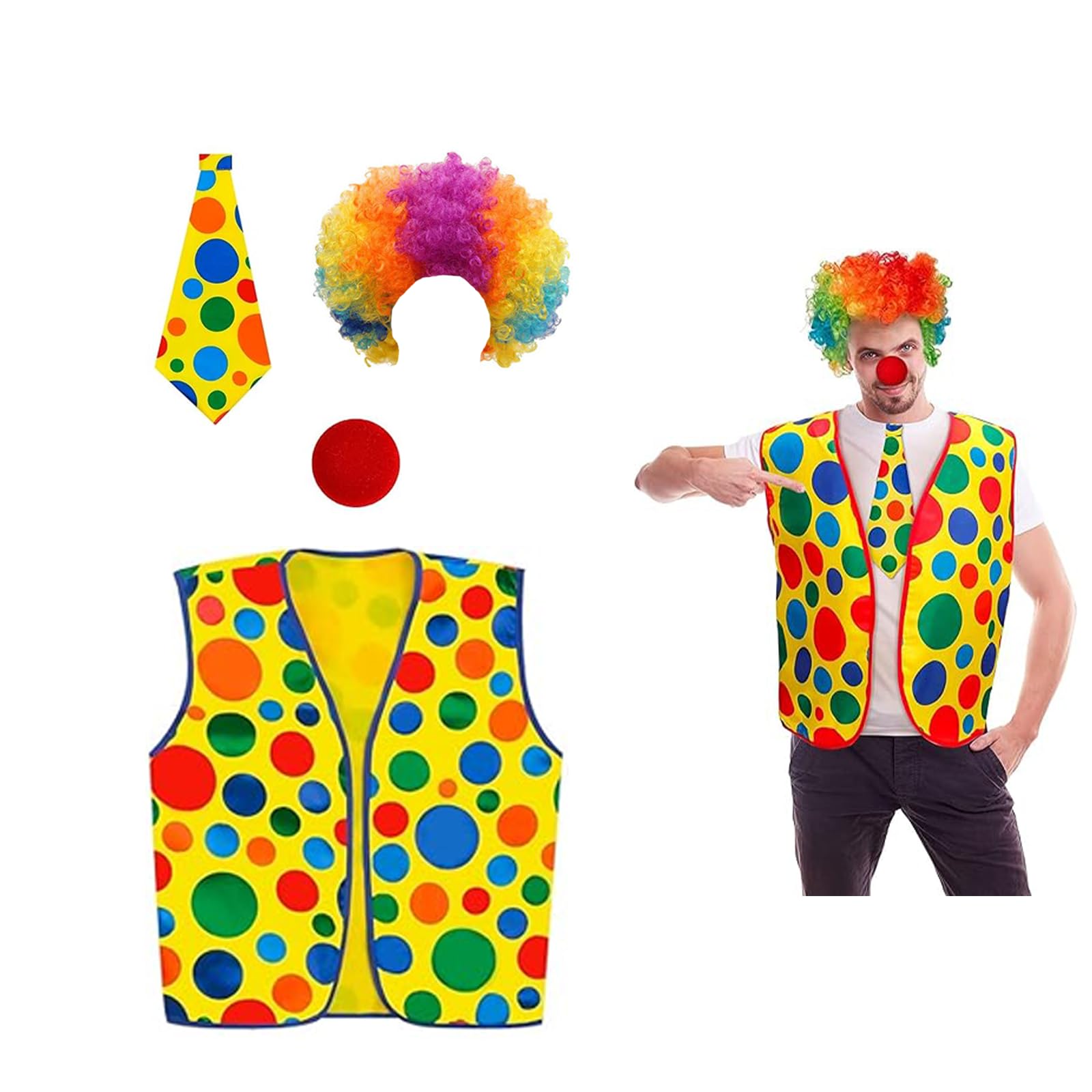 Halloween Clown Costume Set - Funny Kit With Rainbow Wig, Nose, Bow Tie, and Clothes for Unisex Accessories - Halloween Carnival Circus Cosplay Party