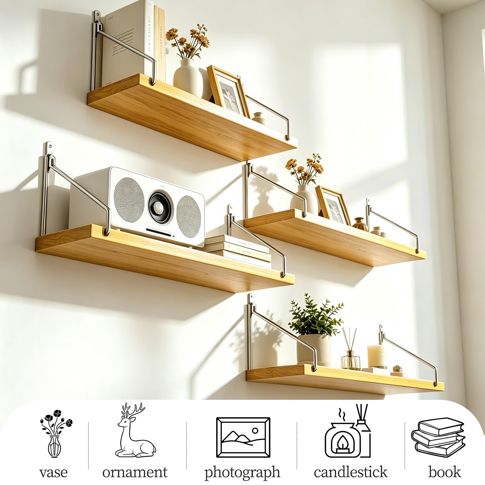 Étagères murales flottantes en bois rustique avec supports en acier inoxydable de 60 cm, étagère de rangement sans perçage pour salon, cuisine