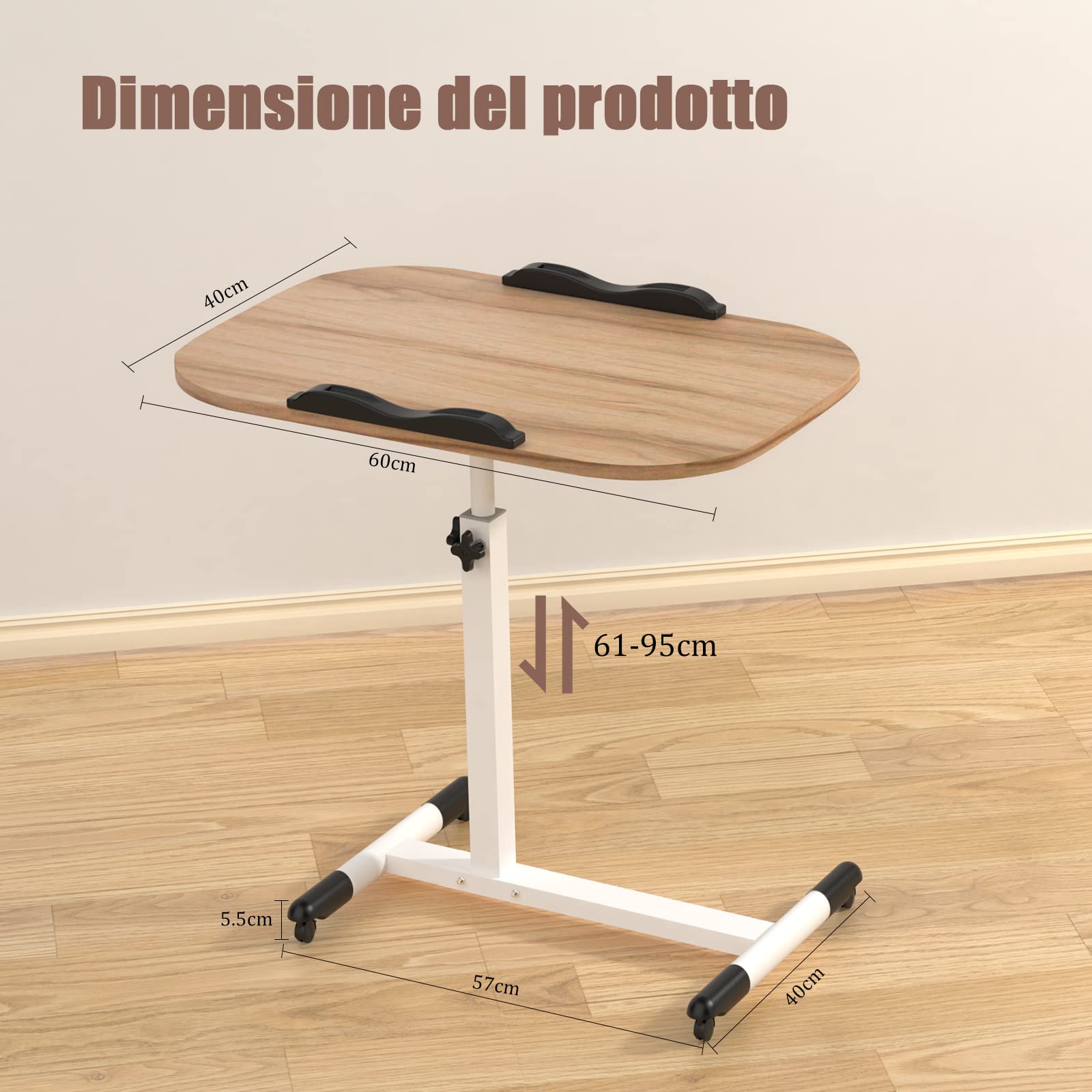 Tavolino da Letto con 4 Ruote, Scrivania per Computer con Ruote, Regolabile in altezza e in inclinazione, Struttura in Metallo, per Soggiorno Camera da Letto Ufficio 60x40x61-95cm
