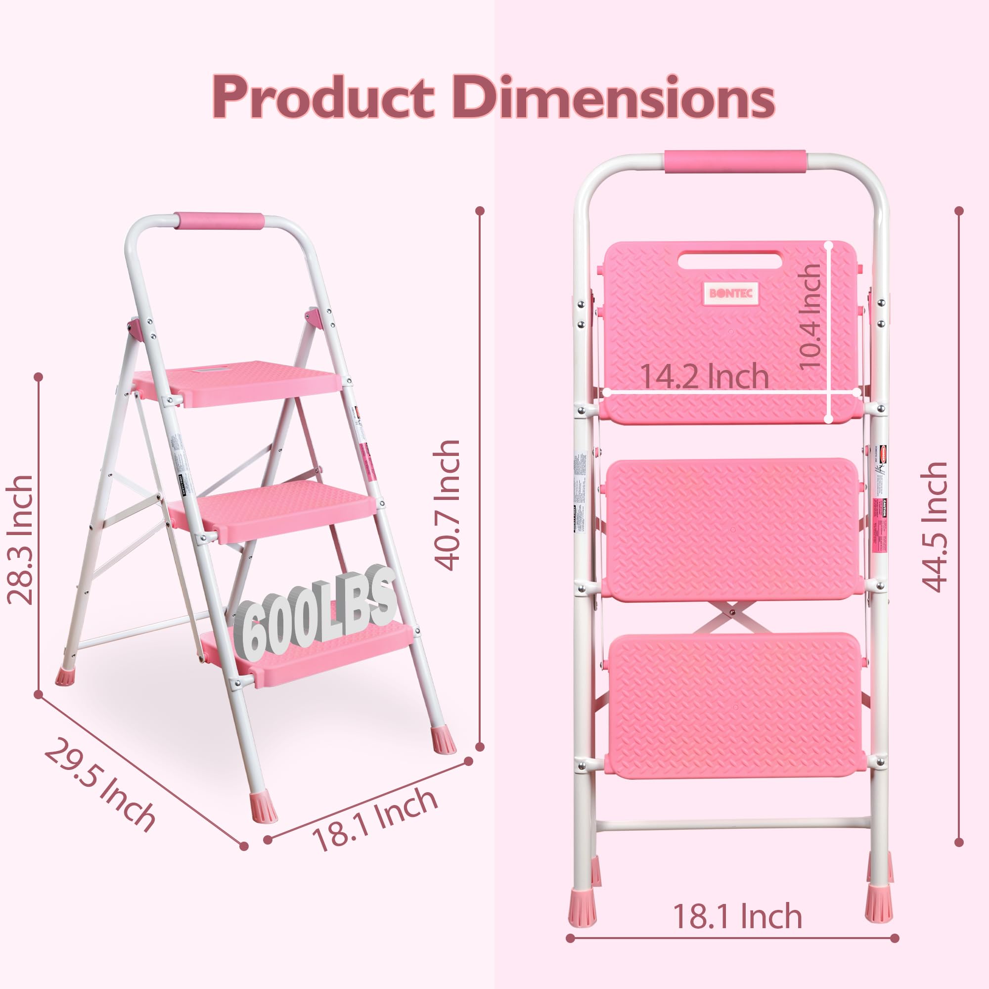 BONTEC 3-Step Ladder, Folding Step Stool, 600lbs Max Load Capacity, Sturdy Steel, Non-Slip Pedals, Lightweight, Portable Steel Ladder with Convenient Handrail, Safety Design for Home & Work, Pink
