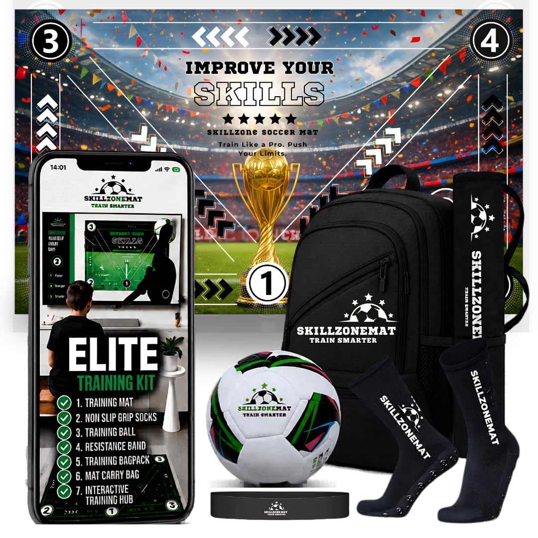 SkillZone Soccer Training Mat with Soccer Ball – Dribbling &amp; Footwork Trainer | Indoor/Outdoor Soccer Training Kit with Interactive Video Hub, Grip Socks &amp; Carry Bag | Control &amp; Agility Practice