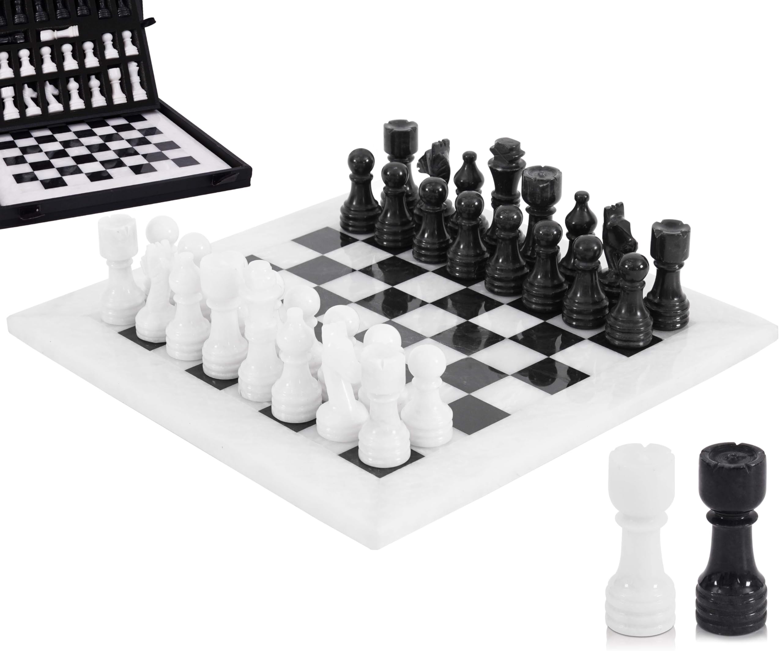 MARBLE RANGE Jeu d'échecs en marbre Fait Main de 12 inches avec boîte, pièces et 2 Dames. Élégant Jeu de Voyage pour Adultes, idéal comme Cadeau ou décoration d'intérieur