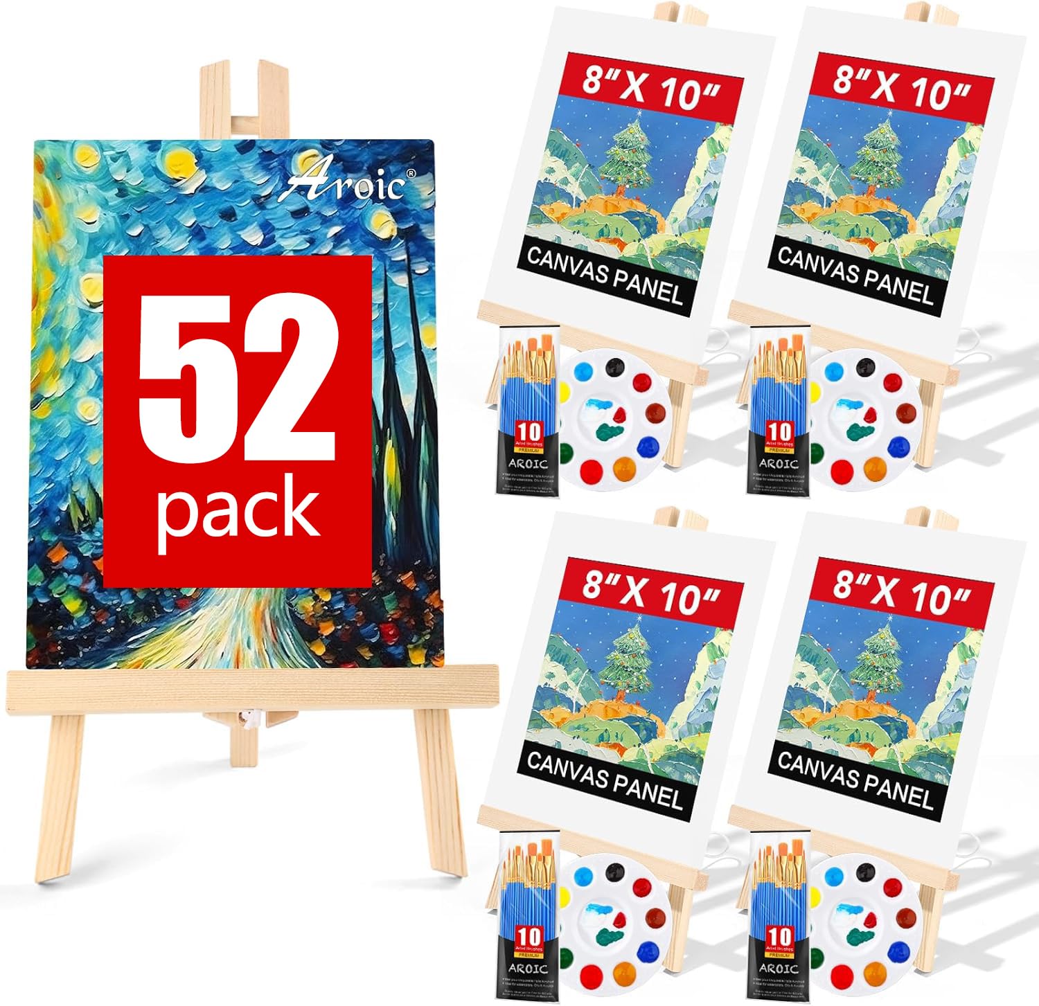 AROIC 52 PCS Professional Painting Set with Easels, 4 Wood Easels,40 Brushes with Nylon Brush Head,4 Drawing Boardart and 4 Palette, Painting Supplies kitfor Kids & Adults to Painting Party.