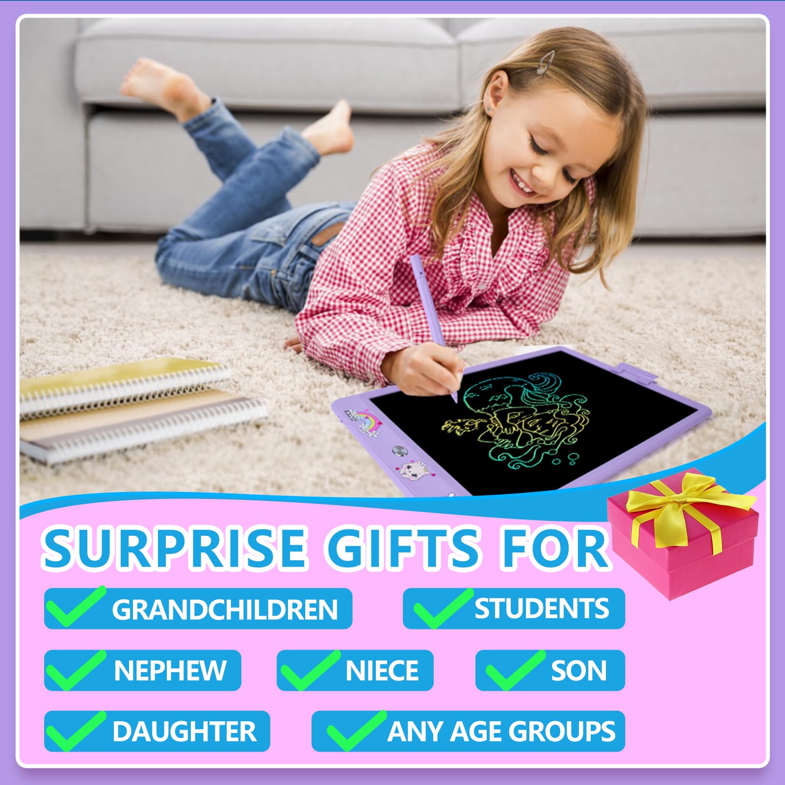 DYNASONIC (DYNA-PM Gatto) Tavoletta di scrittura LCD a colori da 10 pollici per bambini. Tavola da disegno magnetica. Giocattolo educativo. Regalo per bambini. Lavagna per bambini 2 3 4 5 6 7 8 anni