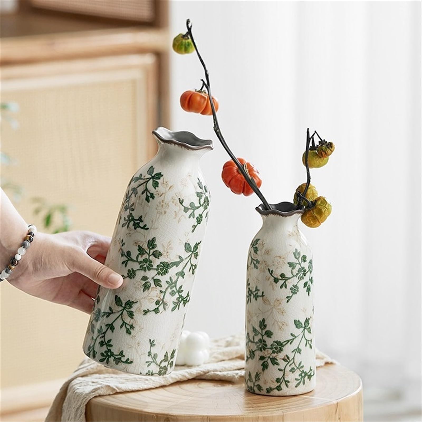Ensemble de vases en céramique à Fleurs Vertes, Vases décoratifs glaçure craquelée for Salon, Chambre Coucher, Bureau Décoration d'intérieur(Grand)