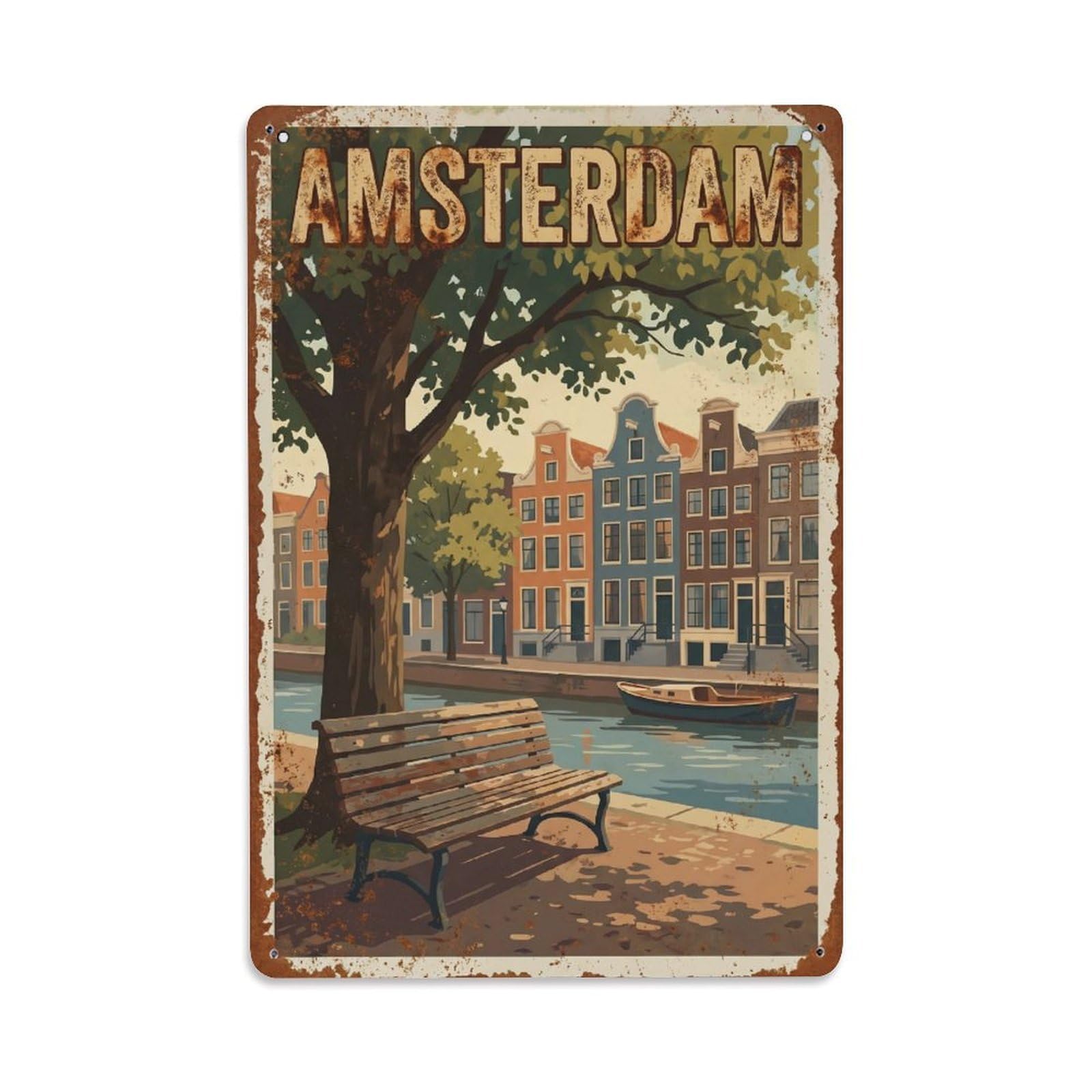 Okngb Style Canal Bench Waterfront Amsterdam Classic Travel Quay Metal Tin Sign Plaque Wall Decor For Cafe, Man Cave, Club Bar, Office, Home Garden Round Metal Poster 8X12inch