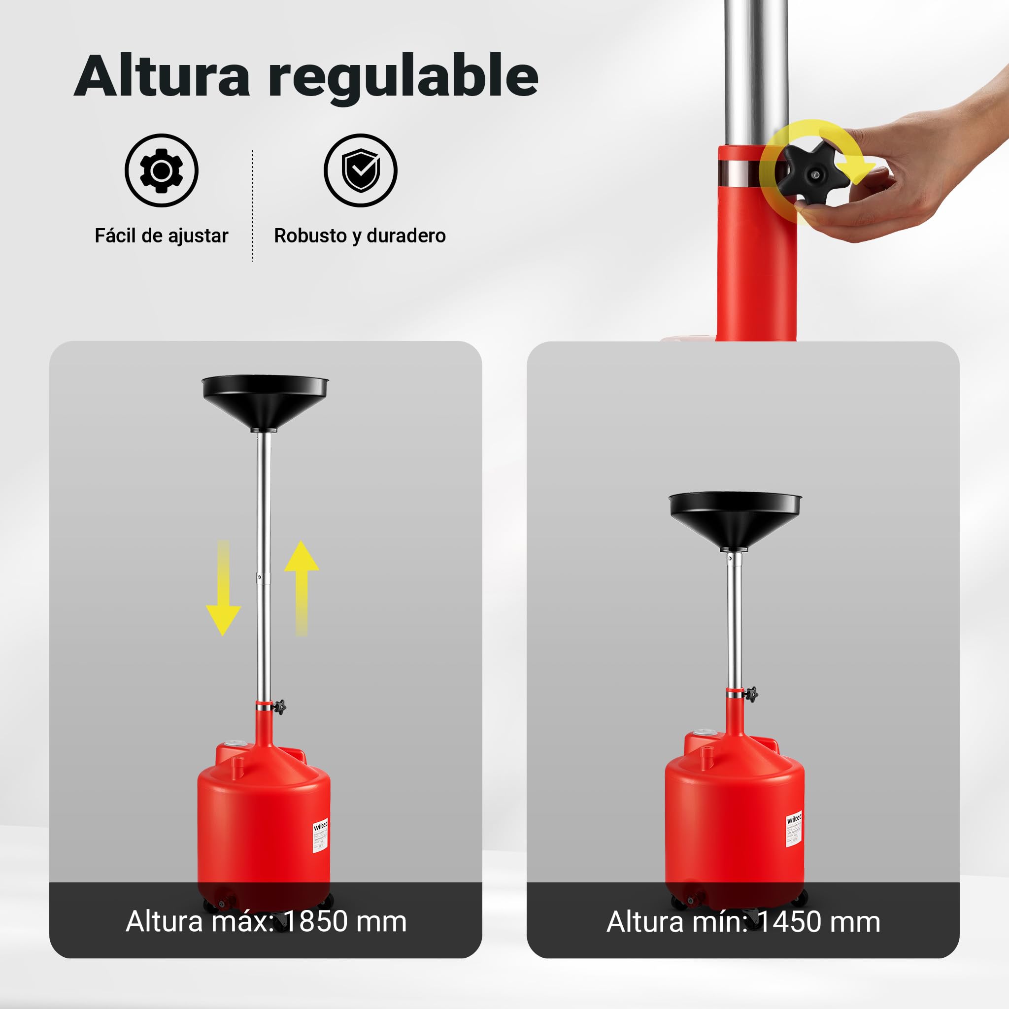 WilTec Recogedor de Aceite 75 l Altura Ajustable 140-185 cm Embudo Amplio 410 mm Resistente con Ruedas y Asas práctico para Cambio de Aceite en Coches y Motos