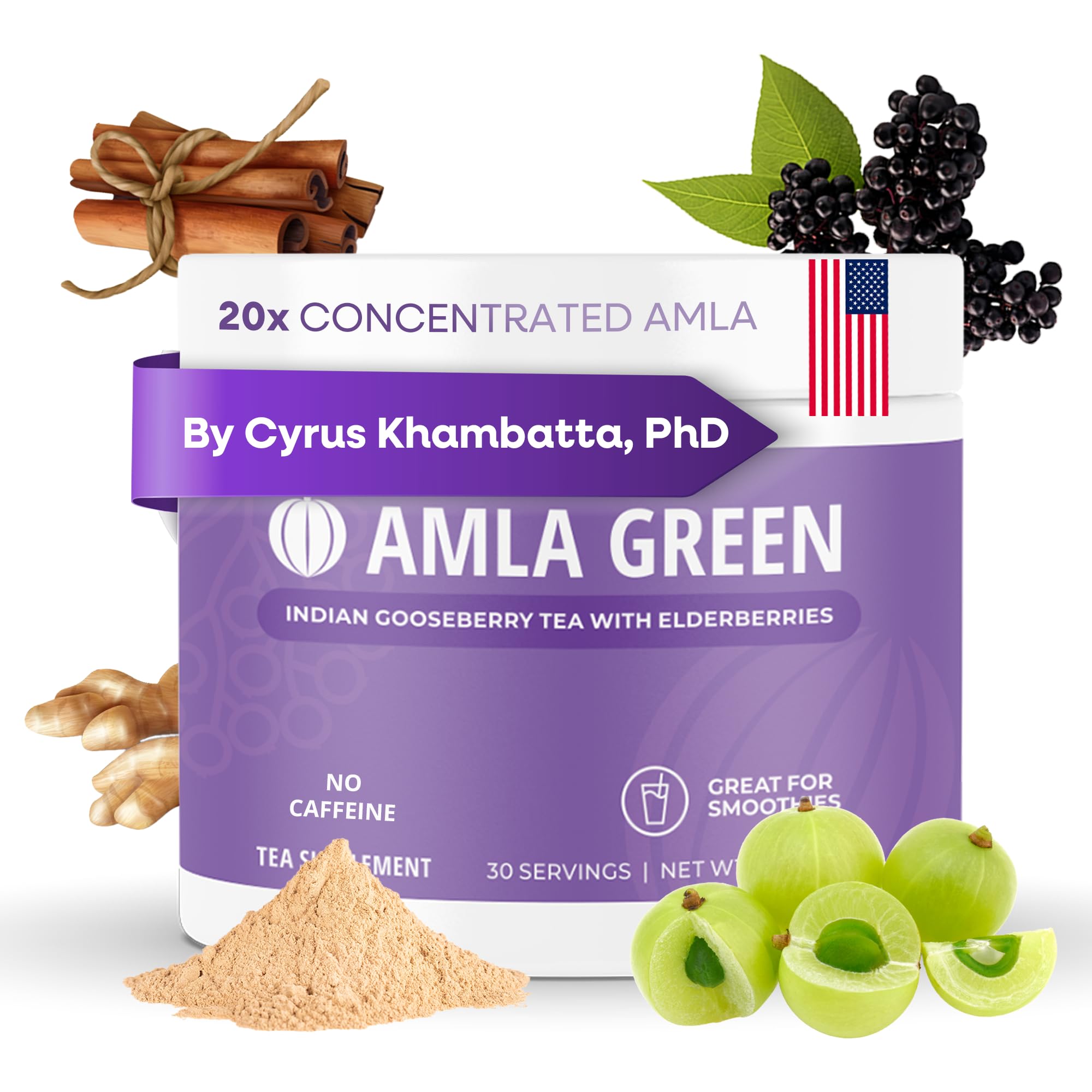 Amla Powder & Immunity Blend Superfood Supplément avec Elderberry, 20x Ultra Concentré Amla, Immune Support, Fabriqué avec Ginger, cannelle, menthe poivrée, fraises indiennes, immunité, 30 portions
