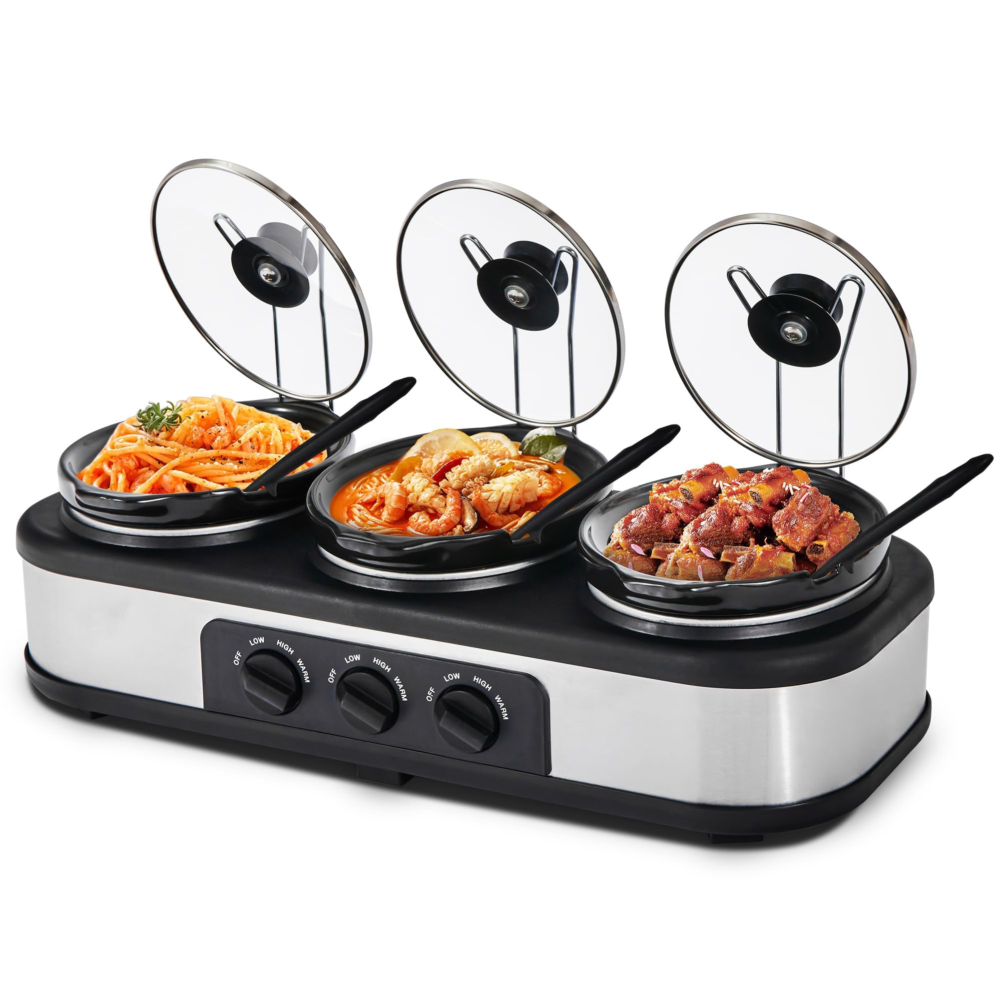 Kiss the Water Triple Slow Cooker, 3 * 1.5 QT Slow Cooker with 3 Cooking Settings, Buffet Servers and Warmers with Ceramic Pot, Dishwasher Safe, Removeable Glass Lid and 3 PVC Spoons, Stainless Steel
