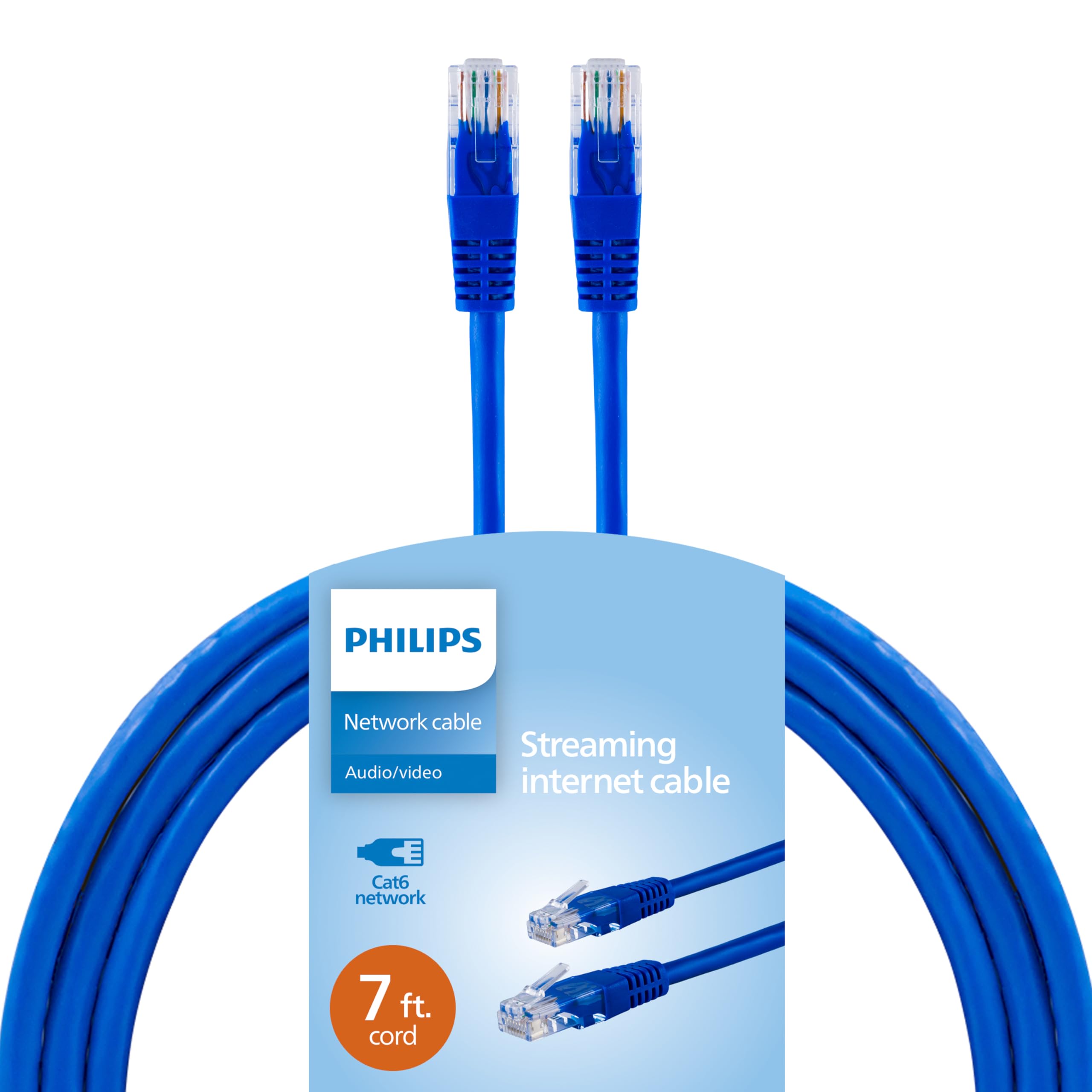 PHILIPSCat6 Ethernet Cable, Extra Long 7 Ft Cord, 10 Gbps, 250Mhz, Gold Plated RJ45M Connector, for Computer, Game Console, Cable/DSL Modem, Network Switch, Streaming Device, Blue, SWR3913BL/37