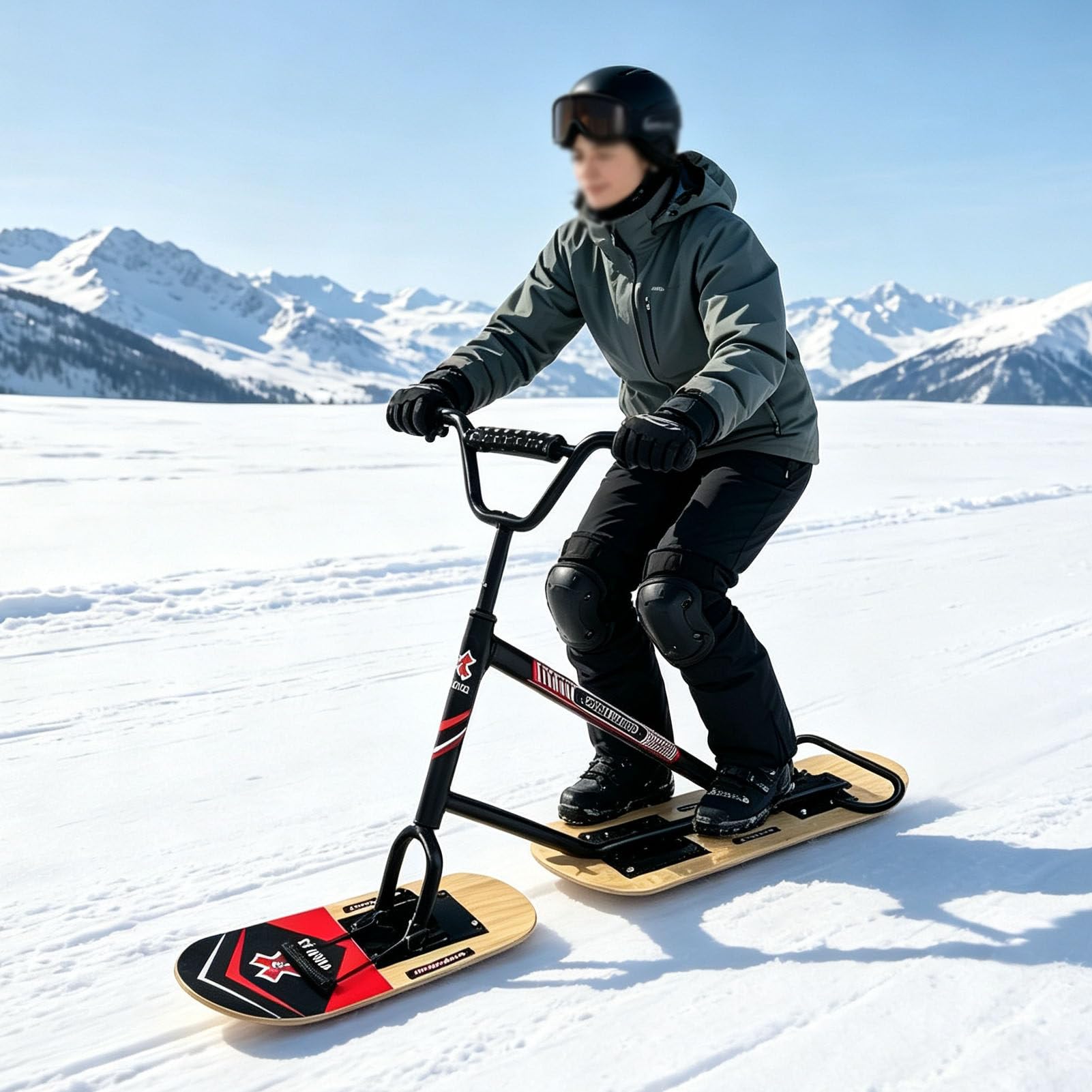 Monopattino da Neve per Adulti, Manubrio con Sterzo a 360°, Portata 100 kg, Attrezzatura Professionale all‑Terrain a Doppia Tavola, Ideale per Avventure Invernali Woodcolor