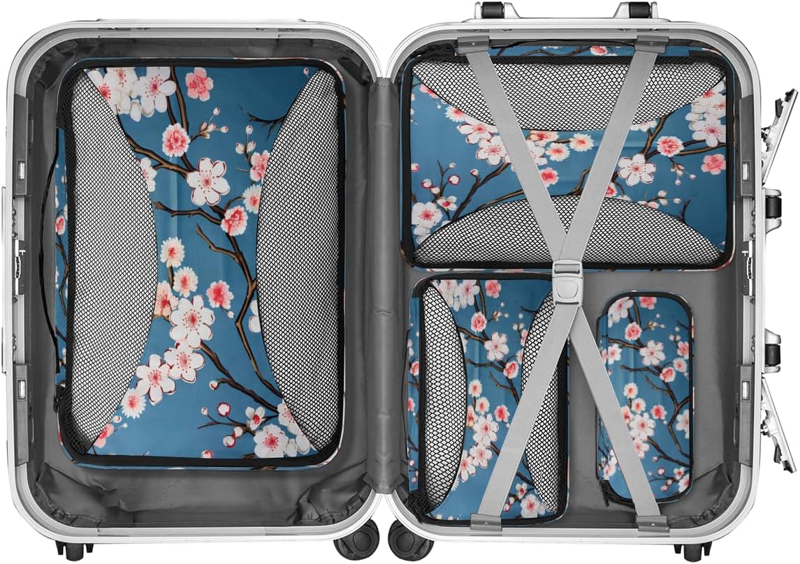 Cherry Blossoms Pattern 4 Set Packing Cubes Packing Cubes for Women Lightweight Travel Essential Bag Clothes Carry on Suitcase Bags for Accessories Essentials