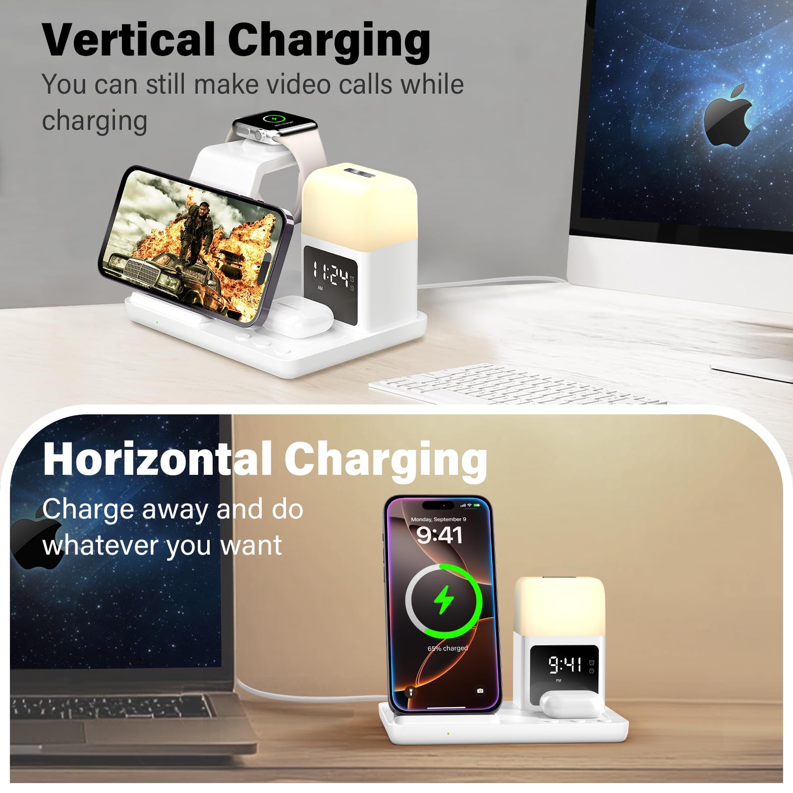 Caricatore Wireless Con lampada notturna e sveglia,6 In 1 Caricabatterie Wireless Induttiva Compatibile Con iPhone 16 15 14 13 12 11 XS/XR/X/8/8 Plus, Apple Watch, AirPods 4/3/2/Pro