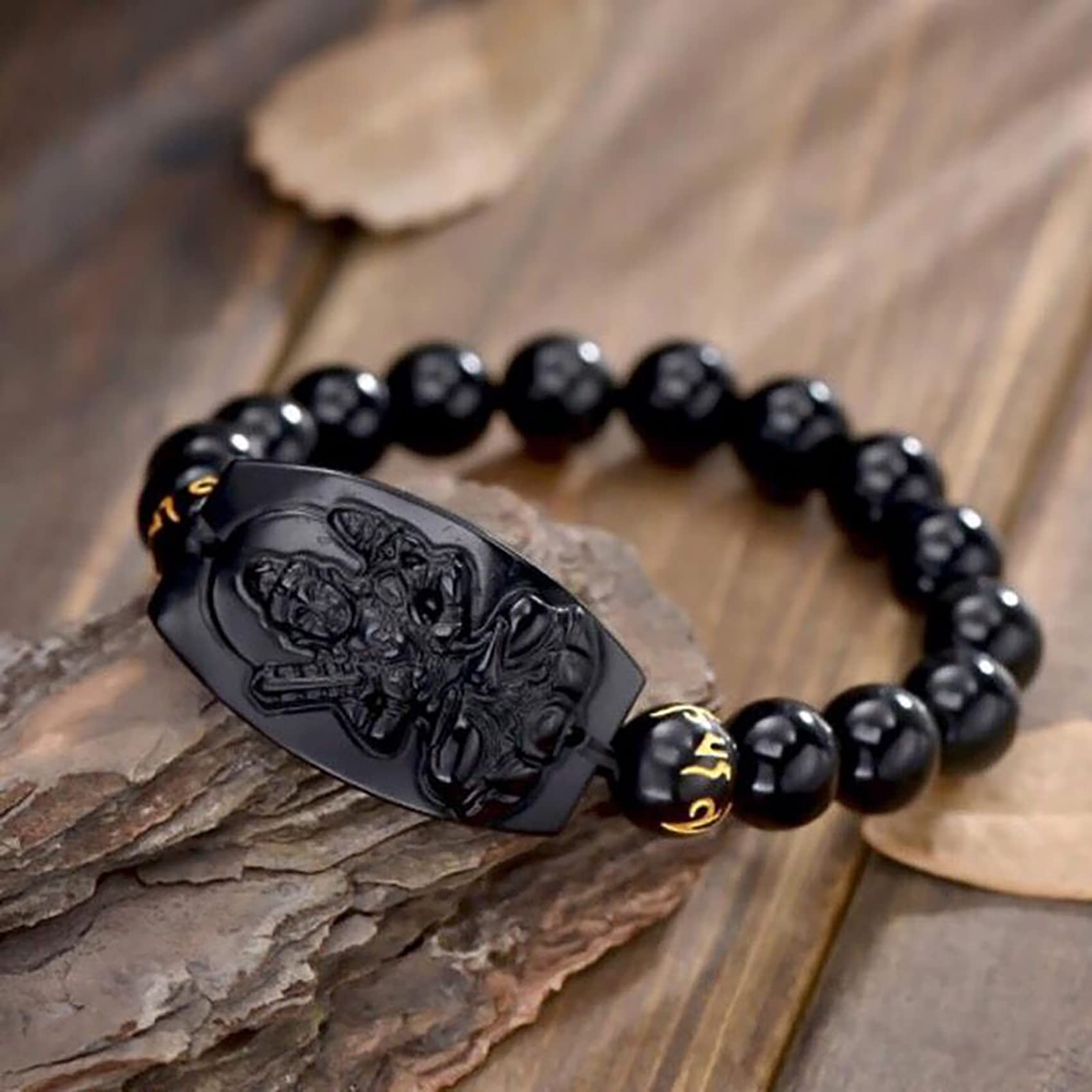 WZGWDC Bracciale Feng Shui, Bracciale Bracciale con ciondoli Naturale Portafortuna Otto Santi Patroni Ciondolo per Mantra a Sei Caratteri Ossidiana Tathagata Buddha Amuleto Attrarre Denaro PRO