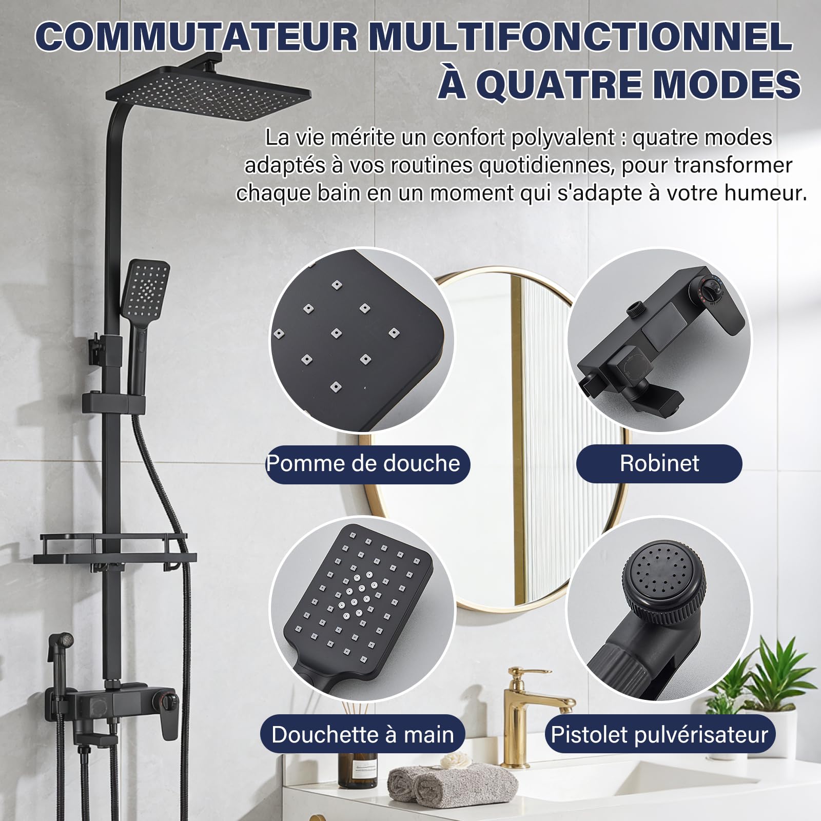 Thermostatique Noir Colonne de Douche avec Mitigeur 38°C Ensemble de Douche avec 4 Fonctions Hauteur Réglable Système de Douche à Tête Carrée avec Douchette à Main pour Salle de Bain