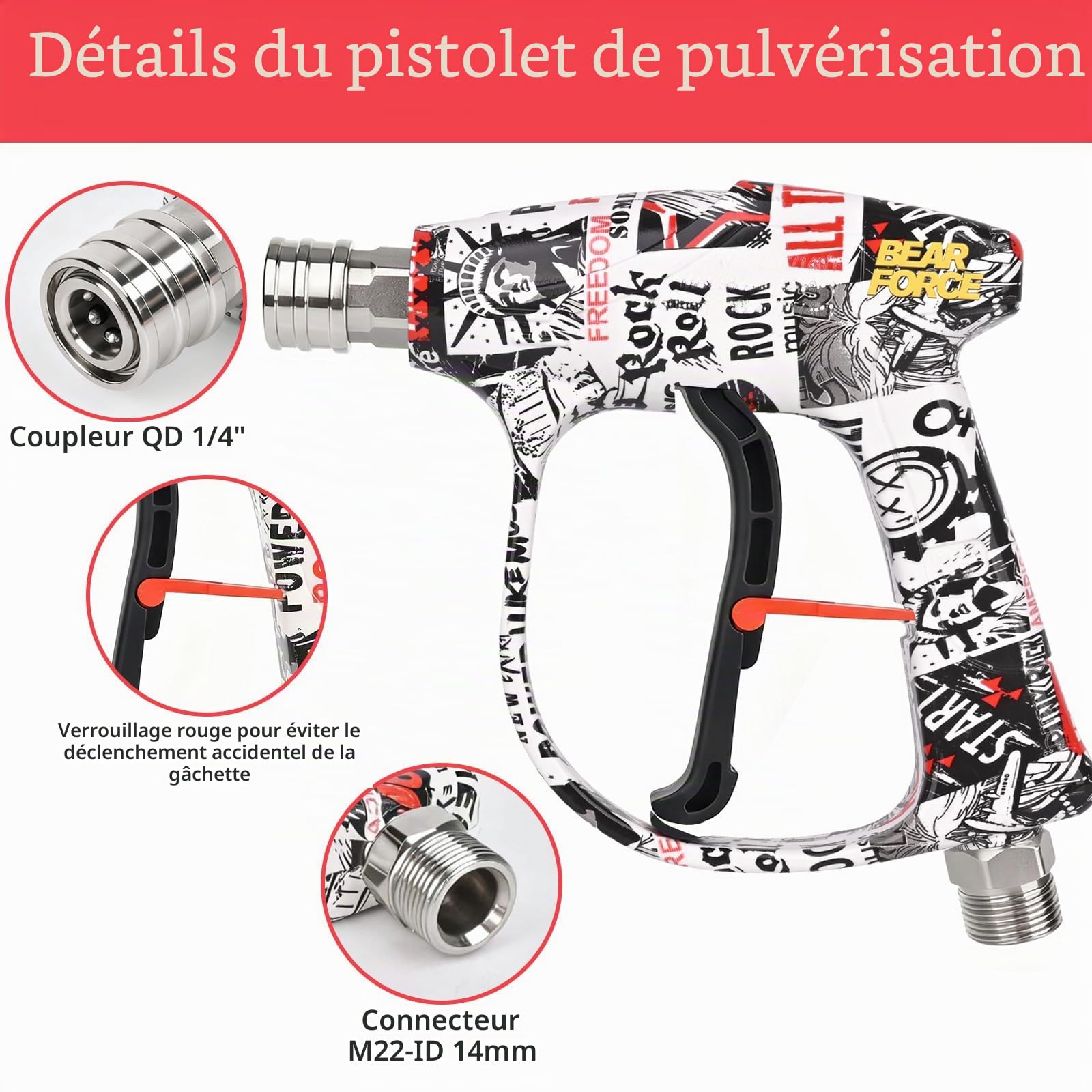 BEAR FORCE Pistolet pulvérisateur pour nettoyeur haute pression M22-ID14 mm et connecteur rapide 1/4" - Ensemble de lance à mousse pour Bosch, Nilfisk, STIHL, pour nettoyeur haute pression Gerni