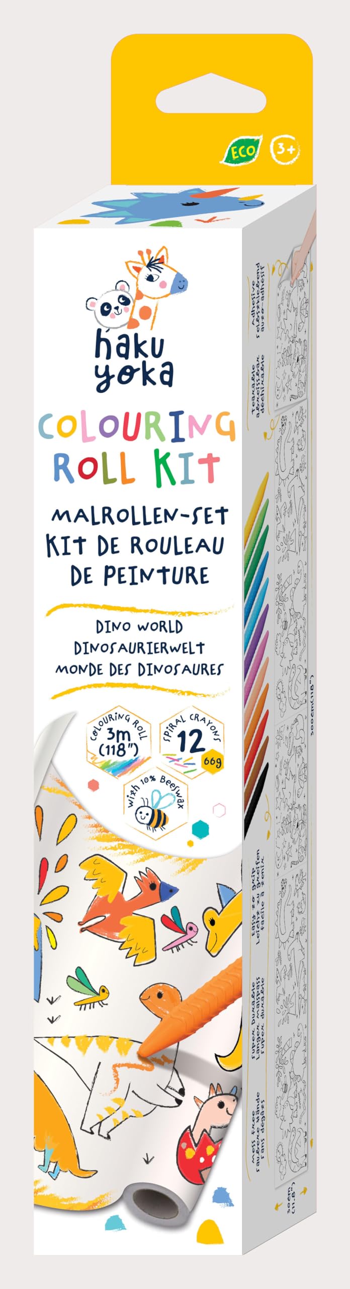 Haku Yoka Wax Crayon & Dinosaur 3 Metre Colouring Roll, 12 Easy to Hold Colourful Wax Crayons with Self-Adhesive Painting Template, for Children from 3 Years
