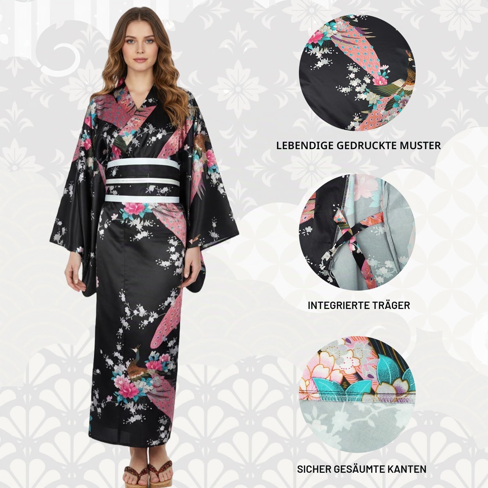 Kimono Damen Japanisch Geisha Kostüm 8er‑Set für Karneval Cosplay, EU 44‑52 | Satin Yukata mit Obi,Kordelzugbeutel,Faltfächer,Maske,Haarklammer und Tabi-Socken in Geschenkbox für Fotografie,Bühne,Party