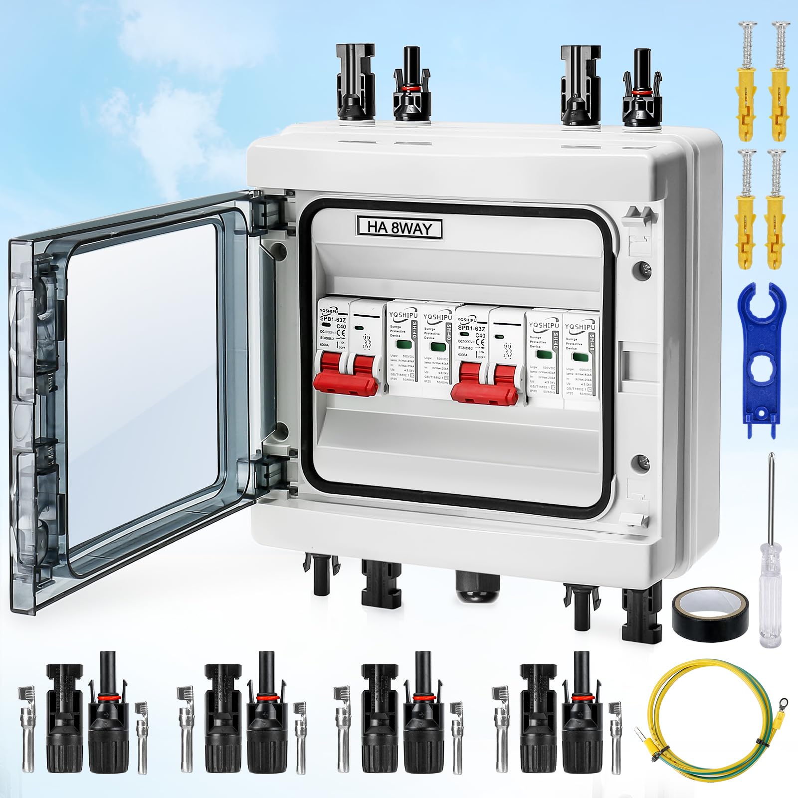 Protezione Sovratensione Fotovoltaica, 500V 40A 20-40KA Scatola Combinata Fotovoltaica, 2 In 2 Out Interruttore Automatico DC Protezione Contro Scaricatore di Sovratensione per Esterni Sistema Solare