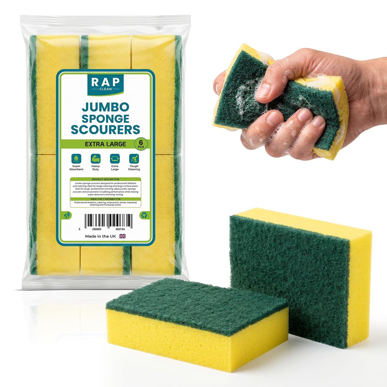 x6 Jumbo Sponge Scourer Heavy Duty Washing Up Scrub Sponges, Multi-Purpose Kitchen Dishwashing Sponge for Efficient Stain Removal, Sponge for Kitchen & Home Cleaning for All Surfaces.