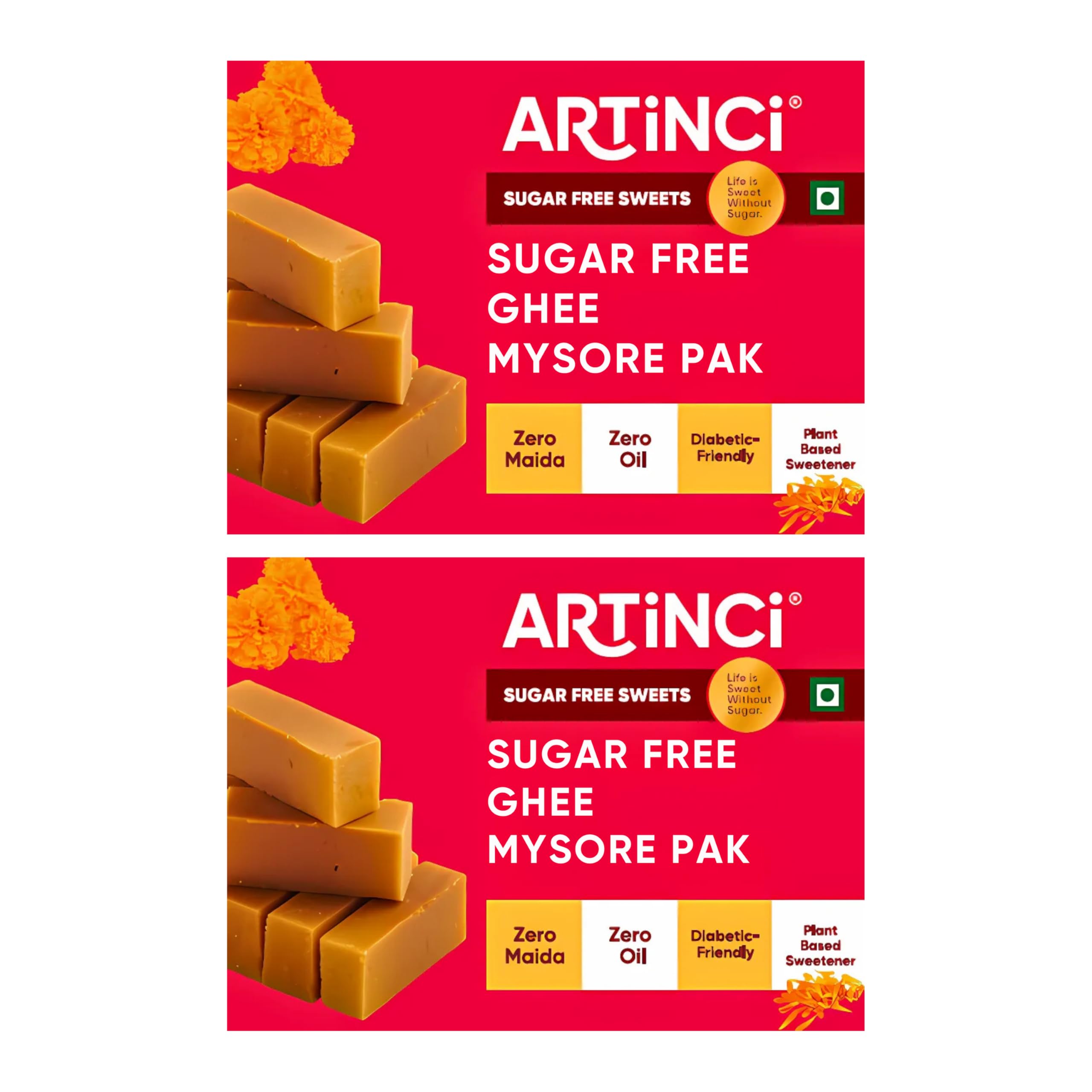 Artinci Sugar Free Mysore Pak – Zero Sugar, Zero Maida, Zero Oil, Diabetic Friendly Sweet | Gluten Free | formulated by nutritionist | Guilt-Free Festive Mithai – Pack of 2 (Each pck 160gm)