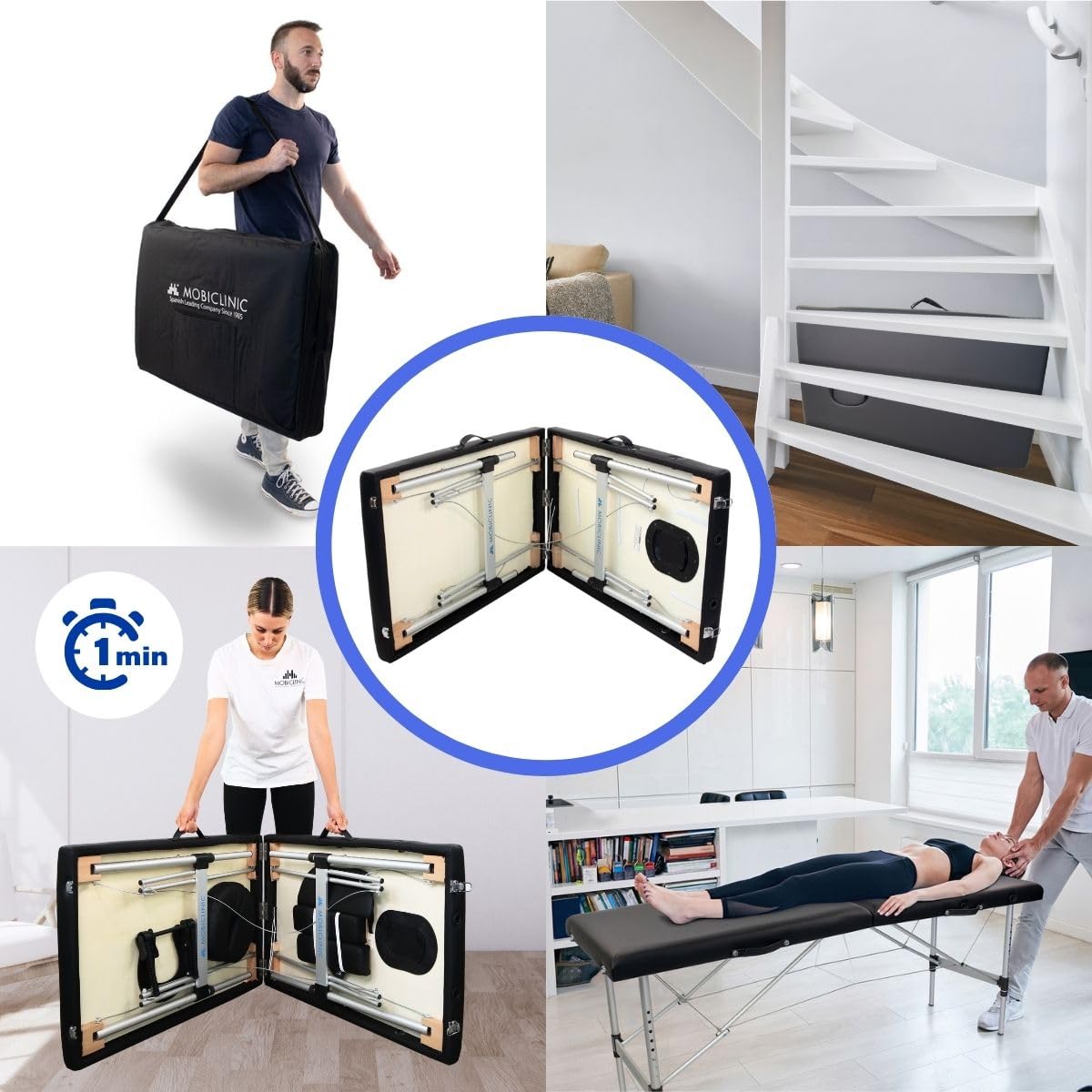 Mobiclinic®, Table de Massage Pliante Aluminium, Portable, Réglable en Hauteur, Appui-Tête, 186x60 cm, CA-01 Light, Sac Transport, Supporte 150 kg, Professionnelle 2 Zones, Noir