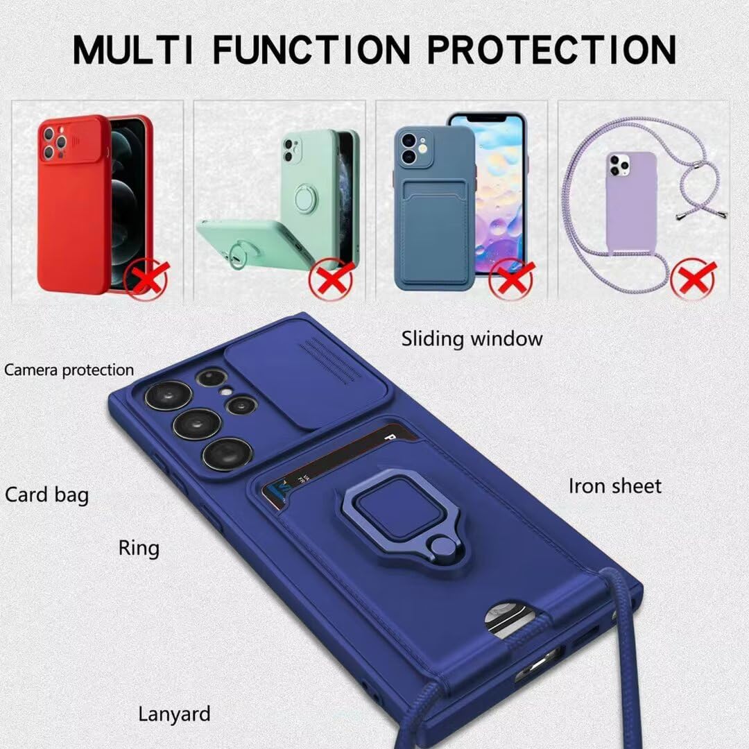 Dllatui Cover Compatibile con iPhone 14 Pro Max, Cover con Cordino Tracolla, Slidable Fotocamera Protezione Custodia,Supporto,Slot Schede, Silicone Case (Blu