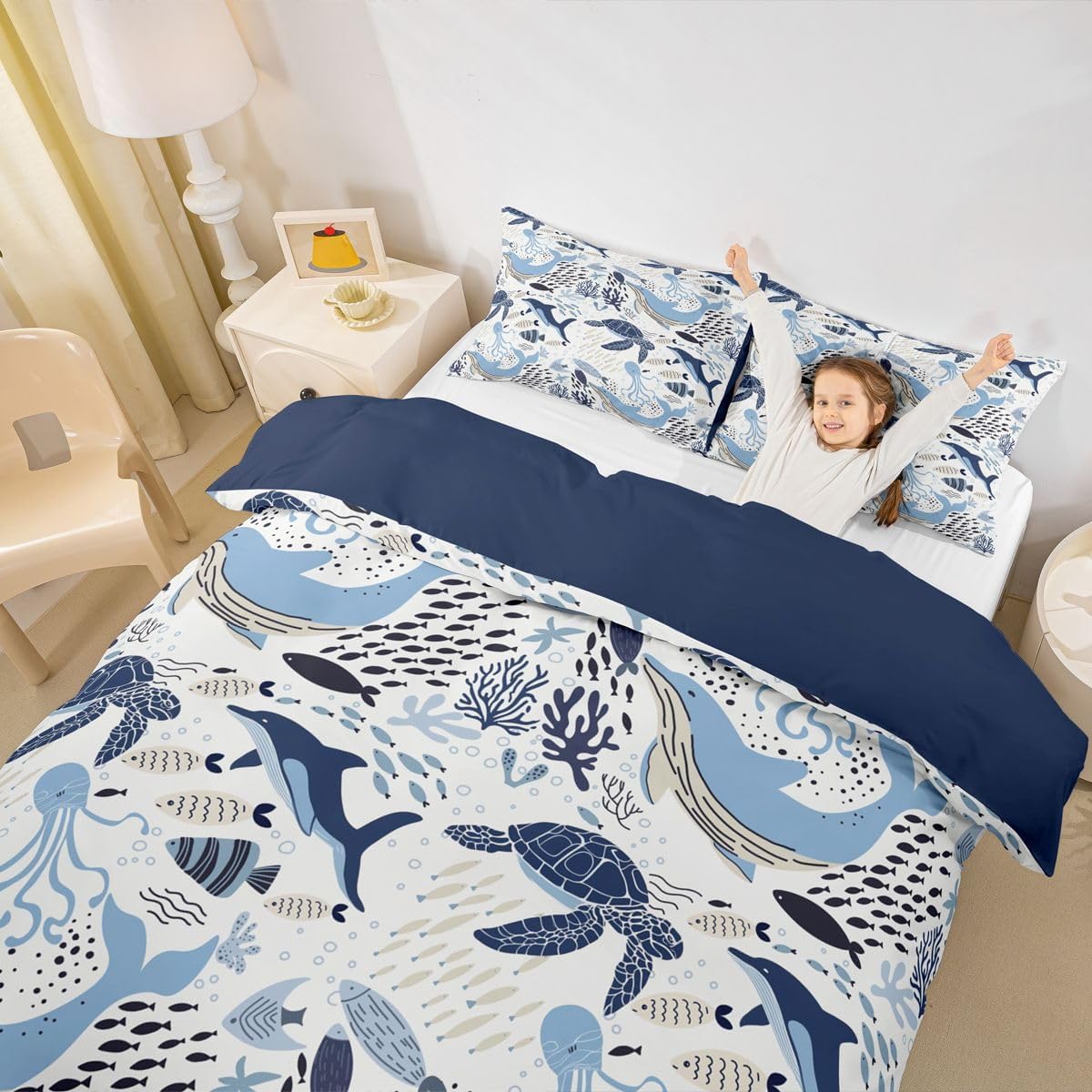 Erosebridal Turtle Bedding Sets Twin White Blue Whale Decor Teen Duvet Cover Set,Octopus Pattern Ocean Theme Comforter Cover Set Underwater Children Comforter Cover for Adult Kids Girls Boys
