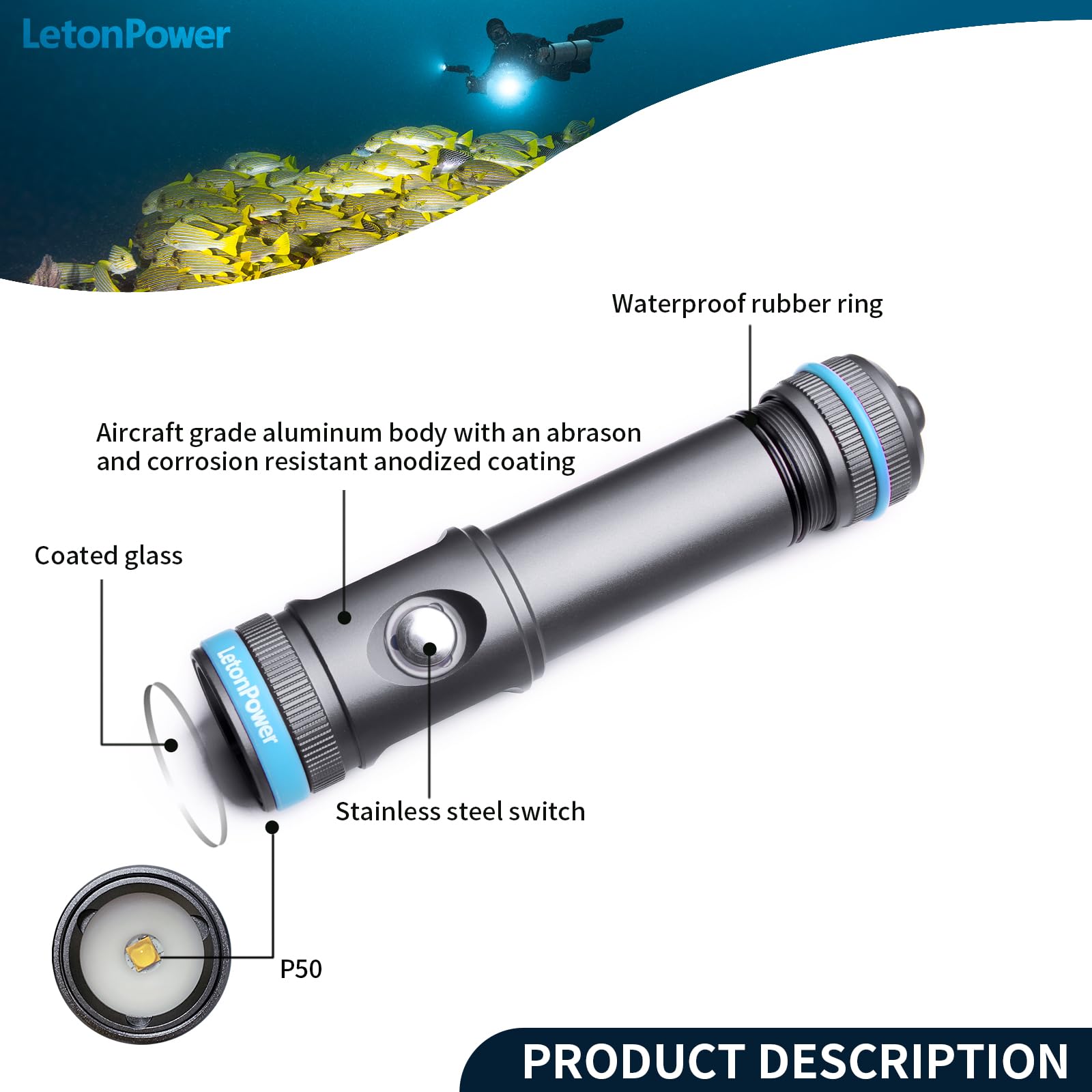 Tynny-13FD 2200 Lumen Tauchlicht für Unterwasserfotografie Fülllicht, 100M Wasserdichtes Kompaktes Unterwasser-Video-Licht, 110-Grad breiter Strahl mit Typ-C Aufladung Tauchen Video Licht