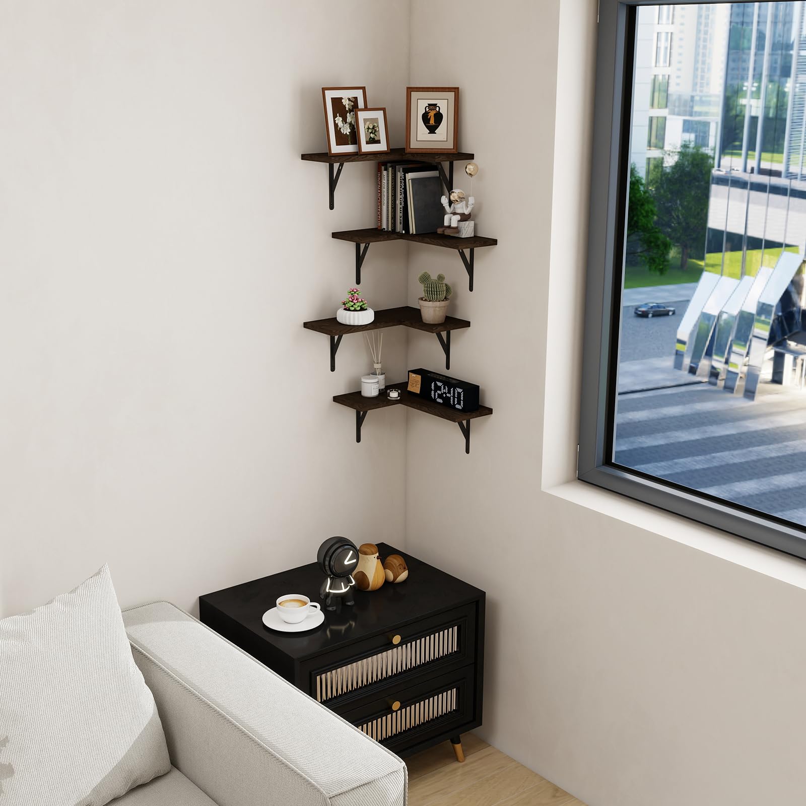 Etagere Angle Flottantes Lot de 4, Imperméable, Anti-Moisissure, Tablette Bois Murale Etagere Rangement en Bois Rustique pour Salon Chambre Bureau Salle de Bains, Cuisine