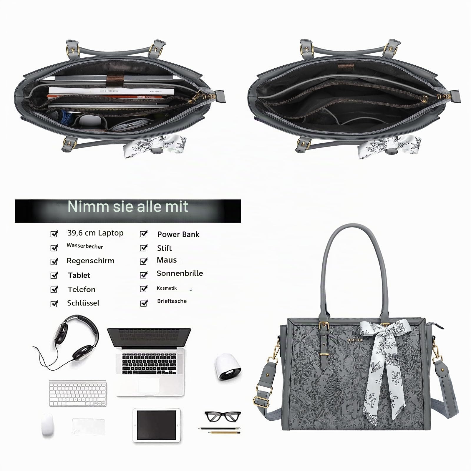 MOSISO Laptoptasche Damen, 15,6-16 Zoll PU Lehrertasche Handtasche Kompatibel mit MacBook HP Dell Asus, Vorderseite Prägung Retro Hibiskus Aktentasche mit Seidenschal&Clutchtasche, Grau