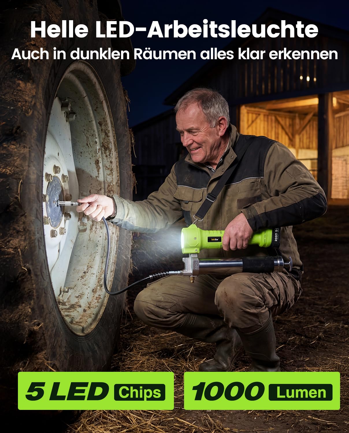 TaskStar Akku Fettpresse, [Super Effizient] Elektrische Fettpresse Kit mit 2 Batterien und Ladegerät, 39,4” Schlauch und Fettpresse Mundstück, 10000 PSI Fettpresse mit Super Helles LED-Licht, Grün