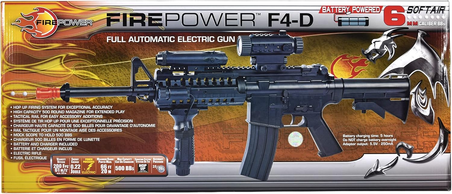 Fire Power SOFT AIR USA F4D AEG Electric Airsoft Rifle with Flashlight and Laser, Black, 200 FPS
