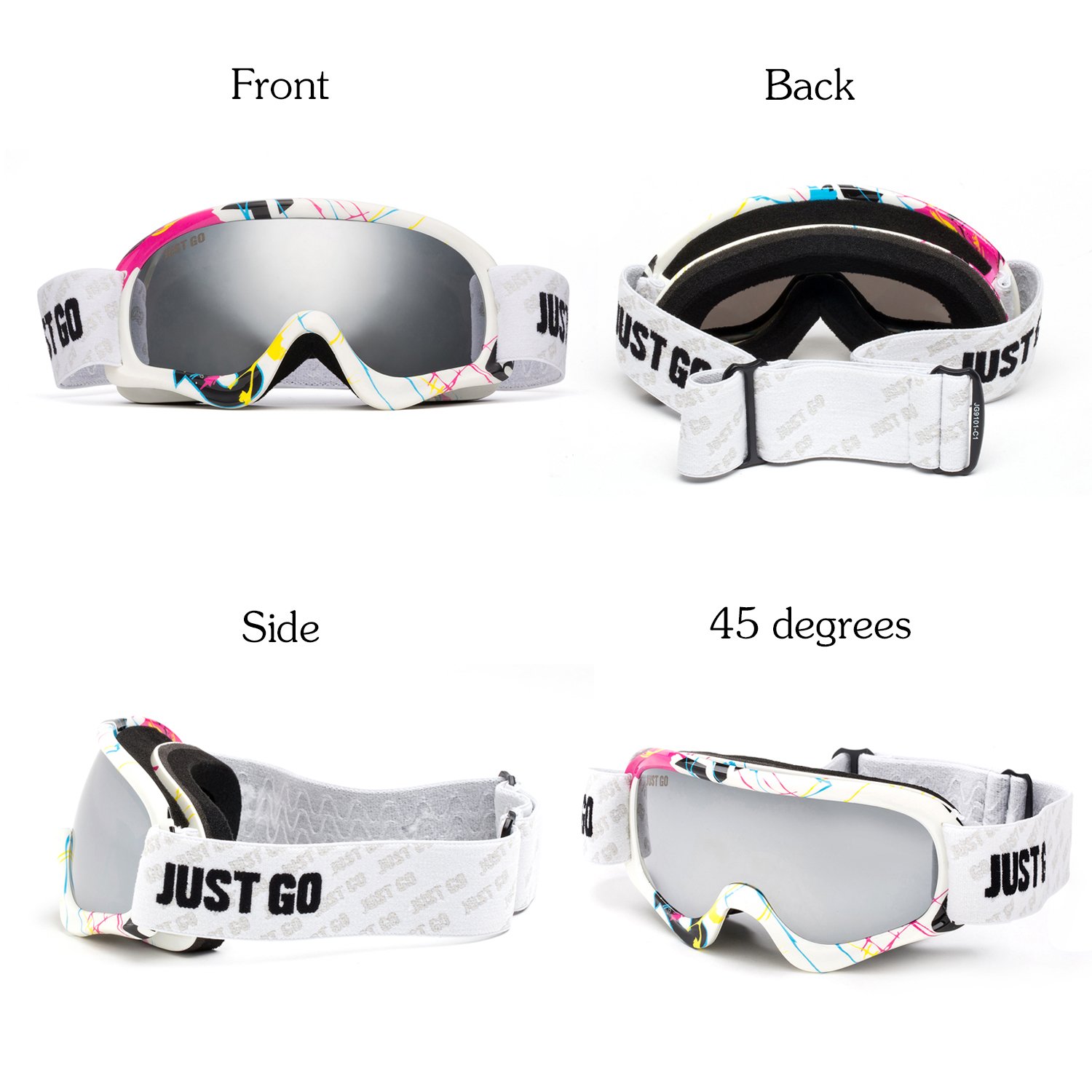 JUST GO Gogle narciarskie dla dzieci z etui EVA, gogle snowboardowe, przeciwmgielne, dwuwarstwowe soczewki ochronne UV 400, dla chłopców i dziewczynek, wielokolorowa ramka, srebrne soczewki (VLT 13,2%
