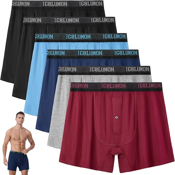 IGOLUMON Mens Underwear, Relaxed Fit Boxer Shorts 6 Pack, Bamboo Rayon Boxers for Men, Classic Boxer Shorts Button Fly