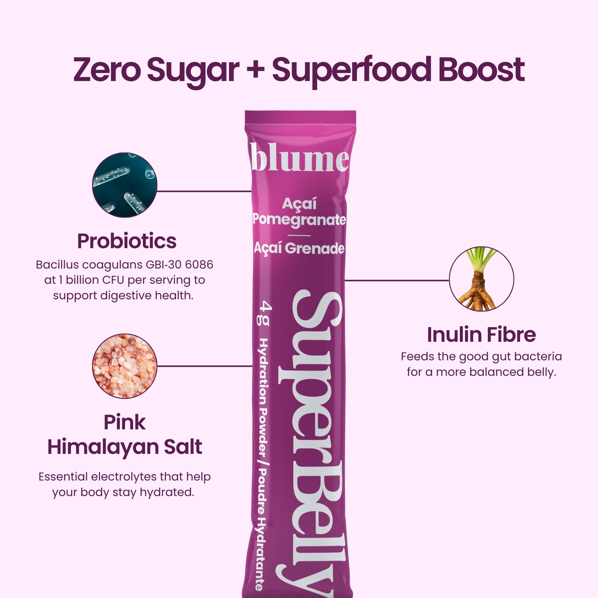 Blume SuperBelly Gut Health + Hydration, Daily Sugar Free Probiotics, Inulin Fiber, and Hydrating Minerals Powder Packets for Digestion Support - Açai Pomegranate, 15 Sticks - 5