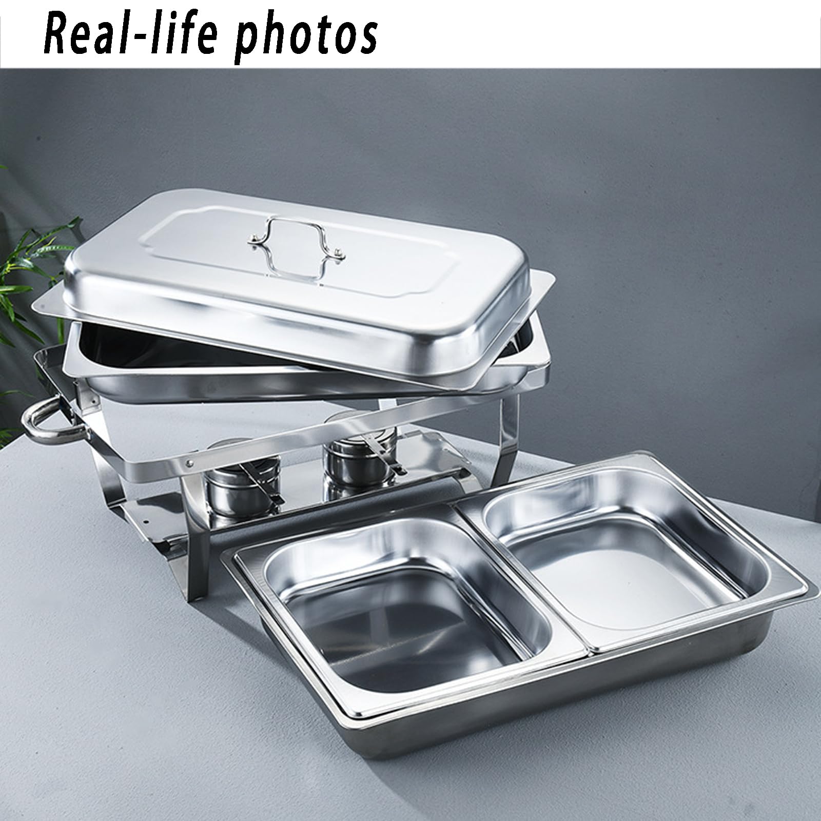 Paquete de Platos de para bufé, Catering, Calentador de Alimentos | sartén fría y caliente con soporte para tapa, juego de platos de cena de acero inoxidable grueso, servidor de buffet