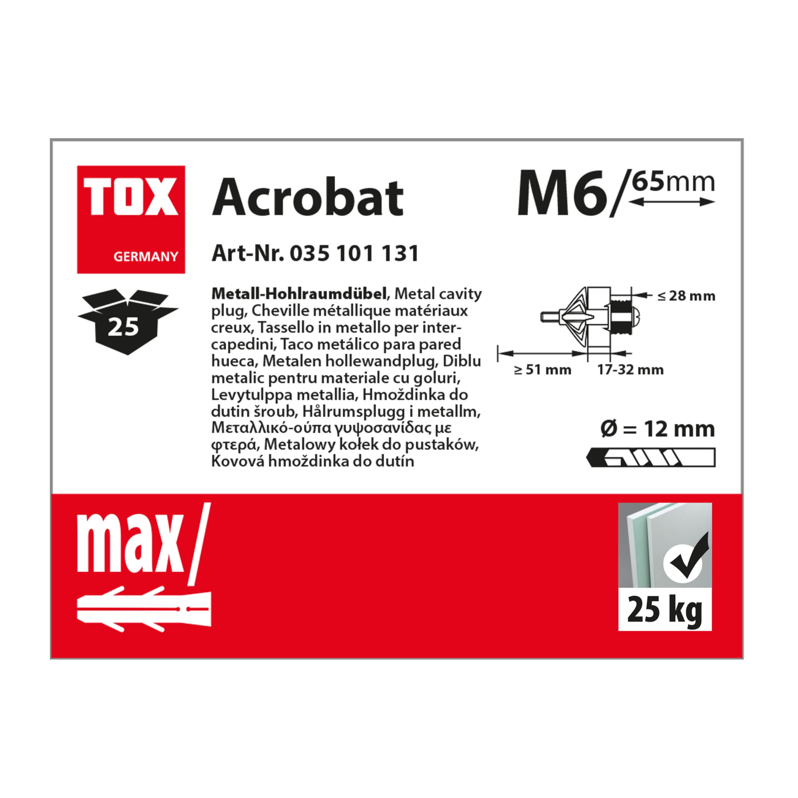 TOX Tassello per cavità in metallo Acrobat M6 x 65 mm zincato, per fissaggi in cartongesso, 25 pezzi, 035101131