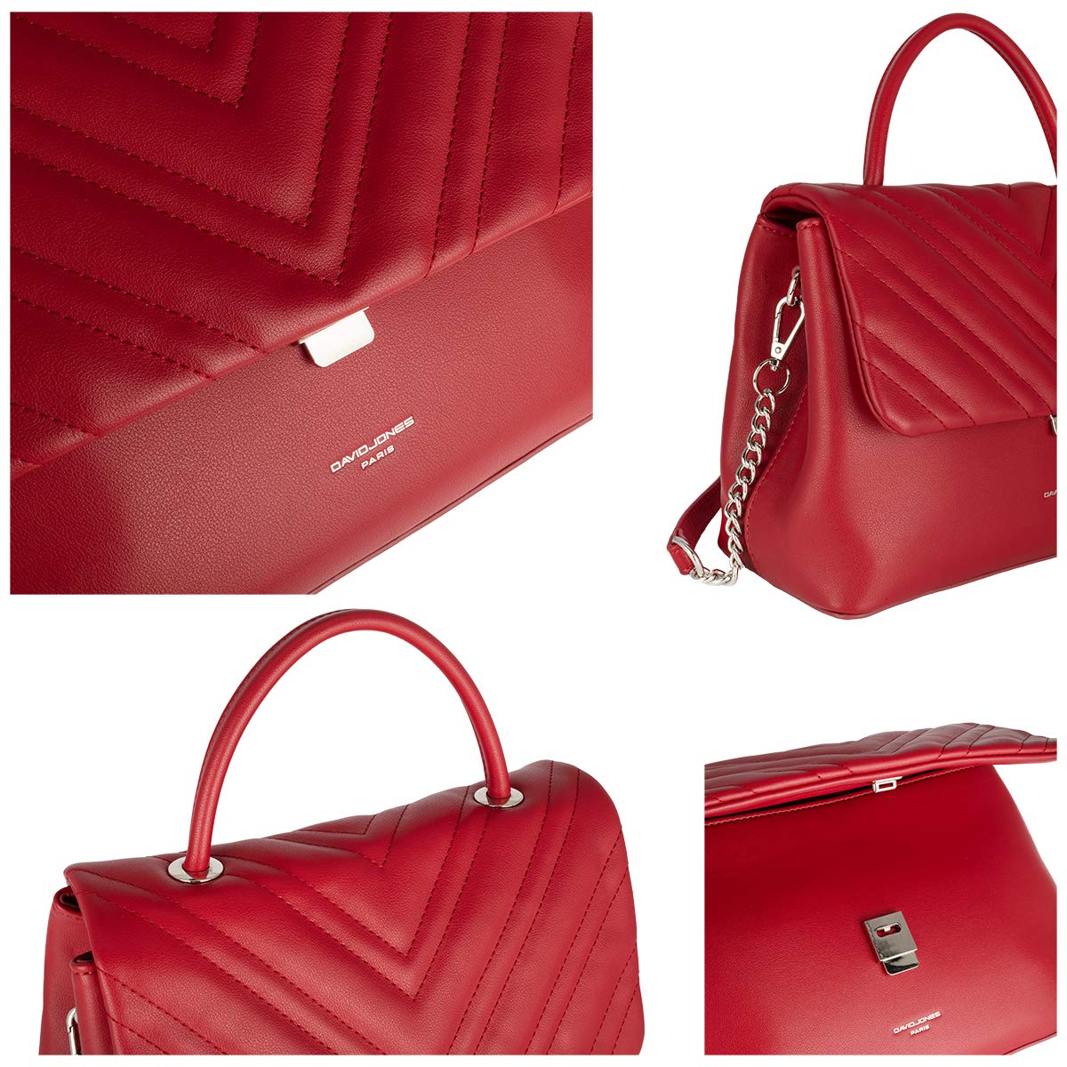 David Jones - Bolso Bandolera Mujer - Bolso de Mano Hombro Piel Cuero PU Acolchado - Satchel Bolsos de Hombro - Mensajero Crossbody Bag - Asa Superior Moda Señora - Rojo