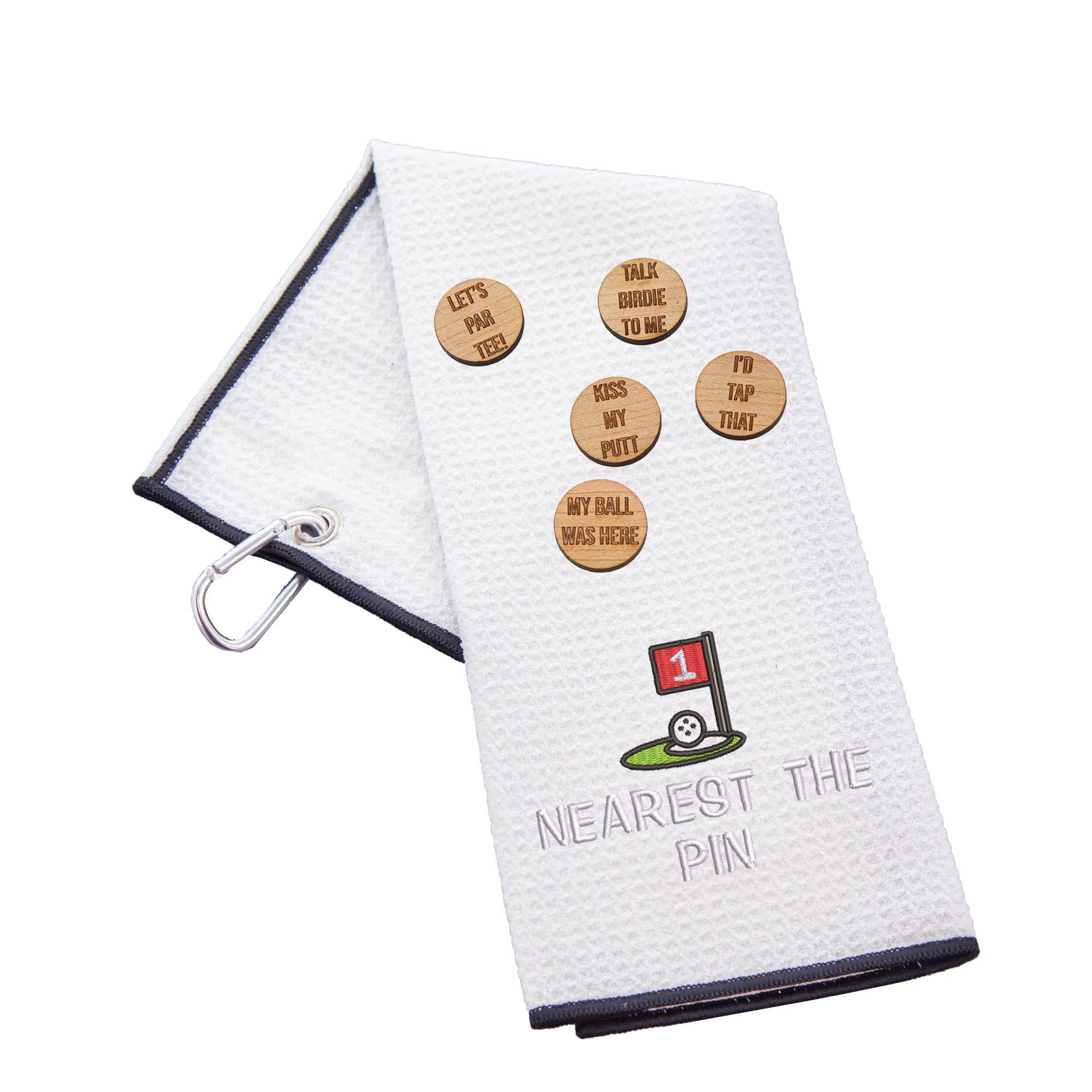 aztex Funny Trifold Golf Towel and Comedy Wooden Ball Marker Set Gift for Men, Carabiner Clip for Golf Bags, Nearest The Pin, Waffle White