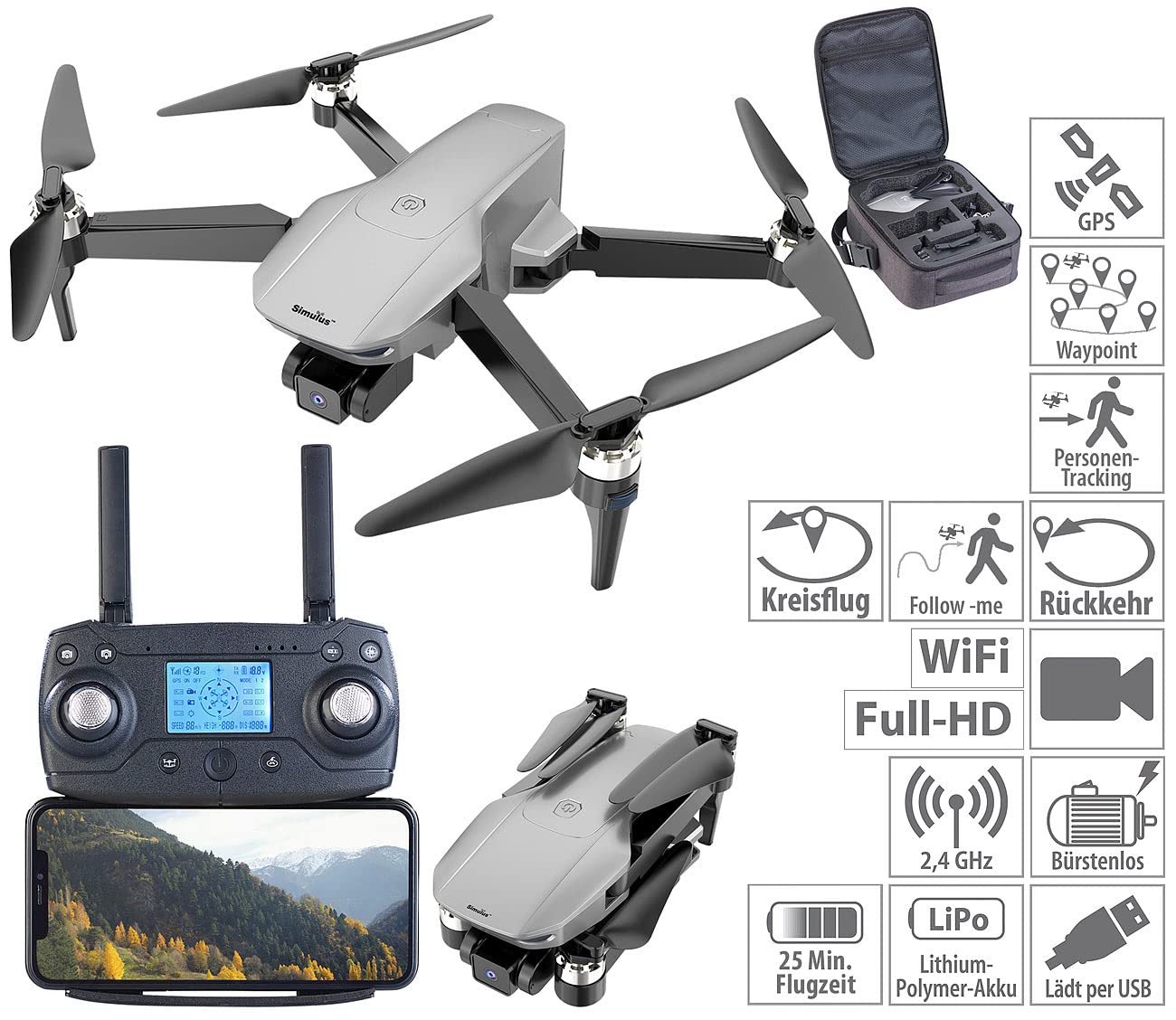 Simulus GH-270.fpv drone GPS pieghevole con fotocamera 4K interpolata, gimbal a 3 assi e motore brushless