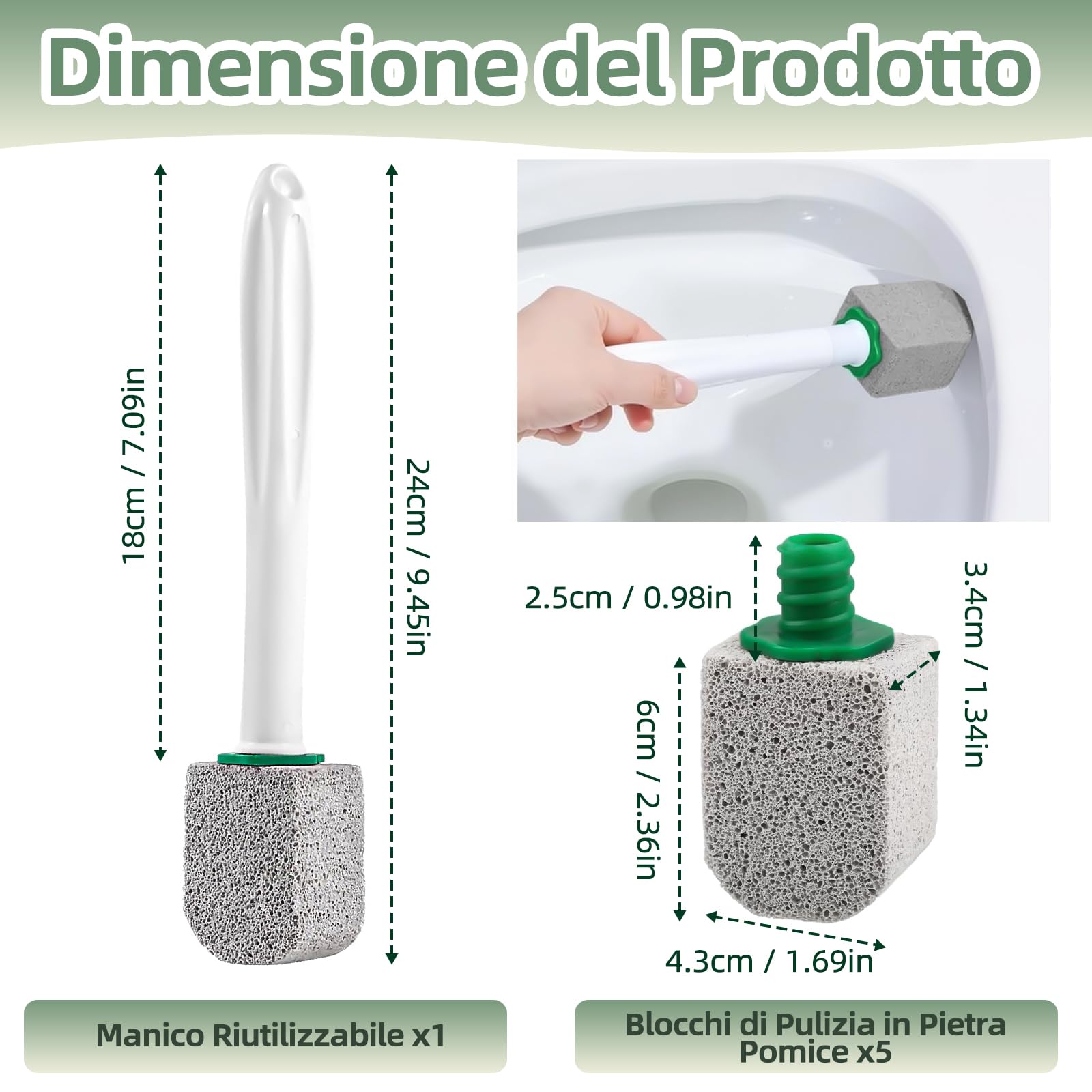 5 Pezzi Pietra Pomice per WC con 1 Manico Riutilizzabile - Disincrostante Efficace contro Calcare e Incrostazioni di Urina Ostinate - Per Pulizia Profonda di Toilette, Bagno, Cucina