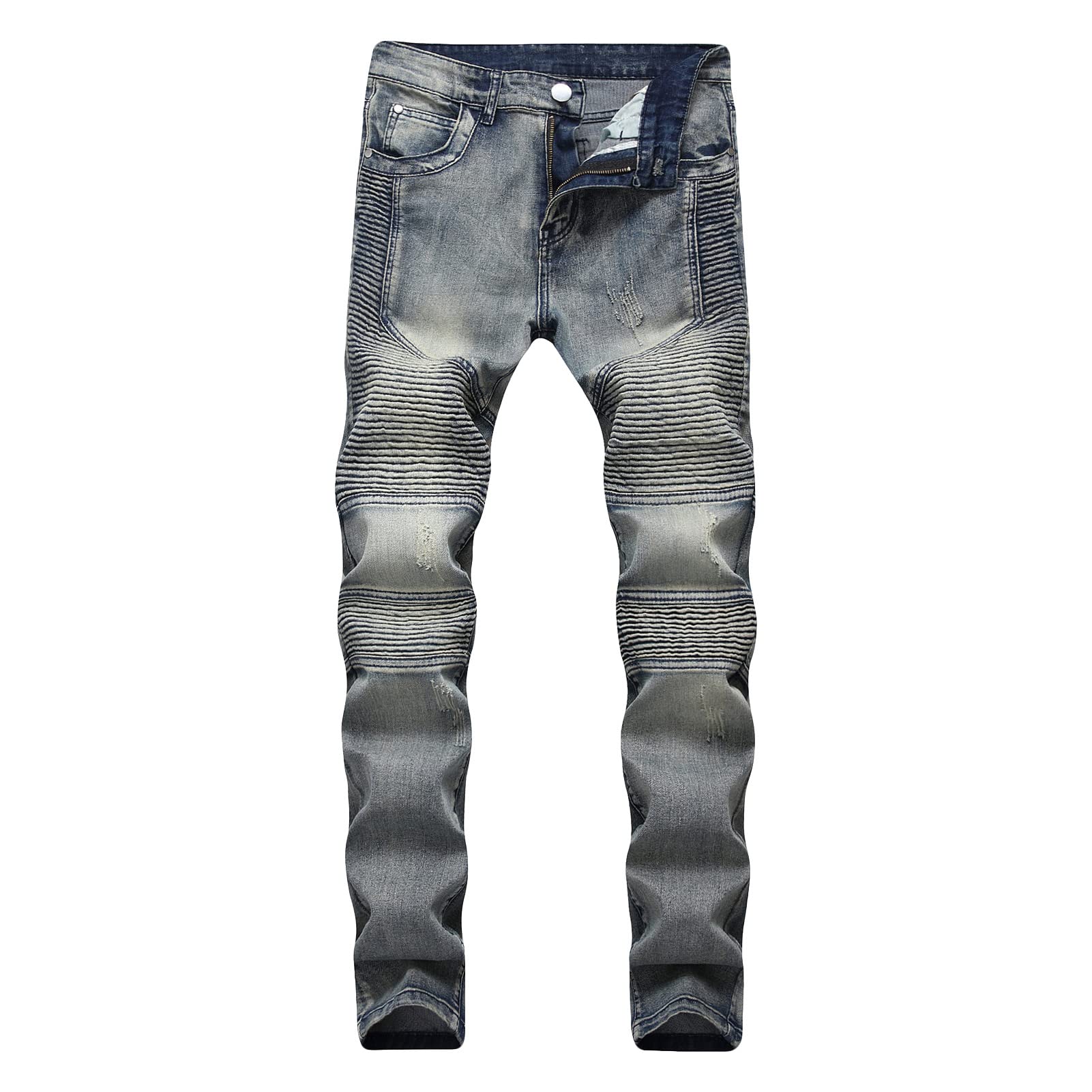 Maiyifu-GJ Mens Slim Fit Moto Biker Jeans Distressed Skinny Stretch Denim Pants Retro Ripped Straight Washed Jean Trousers
